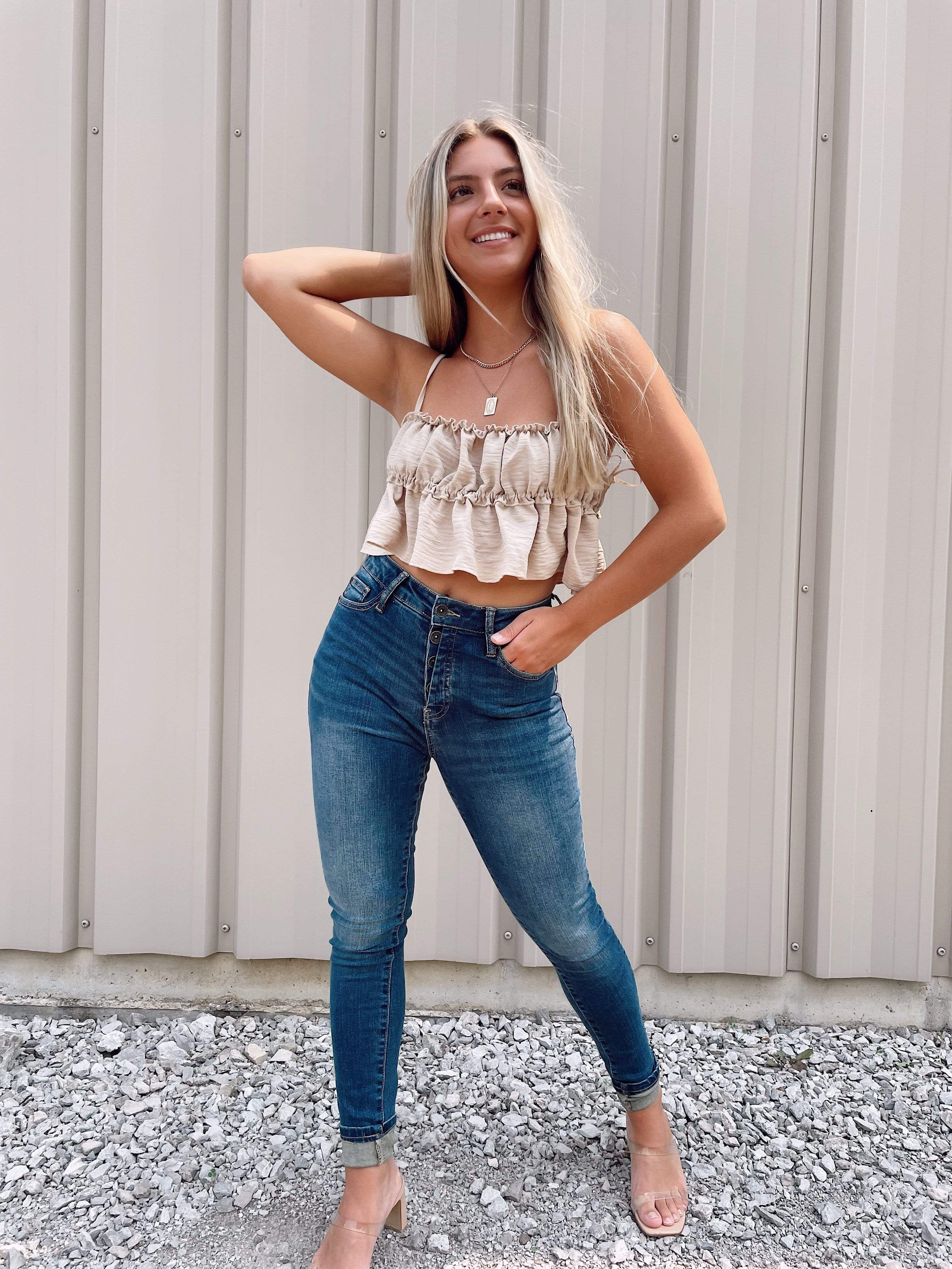 Special A High Rise Button Fly Skinny sold by LANE 201