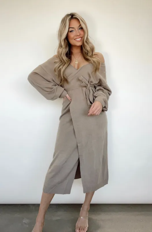Mocha Hidden Trails Sweater Wrap Dress sold by LANE 201