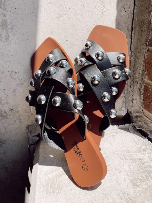 Black Jordyn Studded Sandal sold by LANE 201