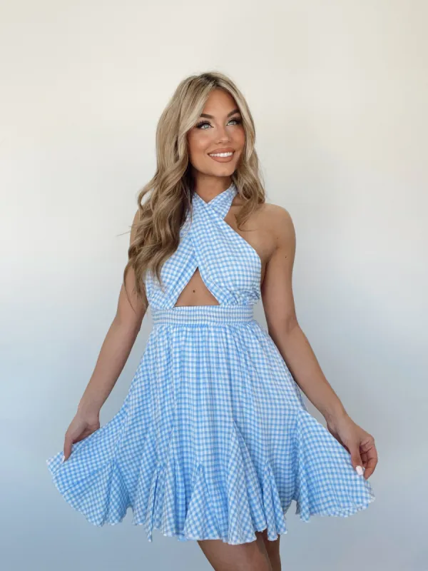 Blue Checkered Charm Dress sold by LANE 201
