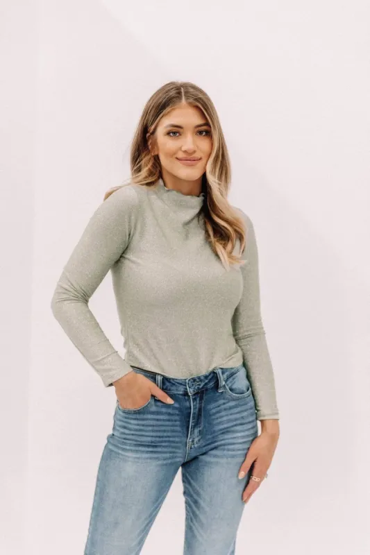 Sage Glitter Mock Neck Top sold by LANE 201