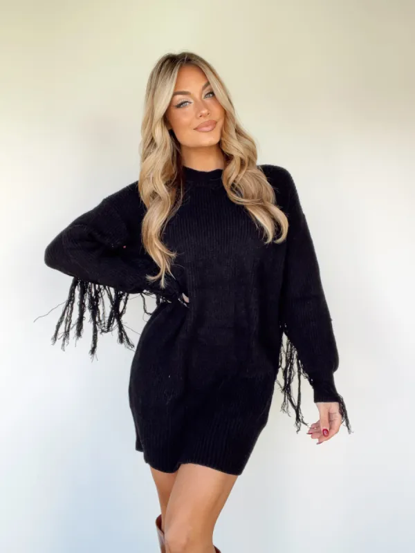 Black Fringe Sweater Dress sold by LANE 201