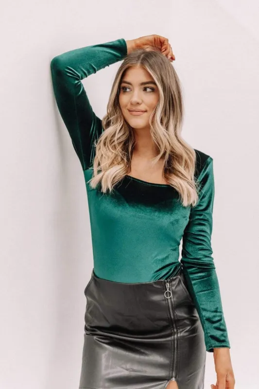 Hunter Green Velvet Bodysuit sold by LANE 201