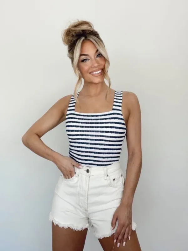 Navy Striped Knit Bodysuit sold by LANE 201