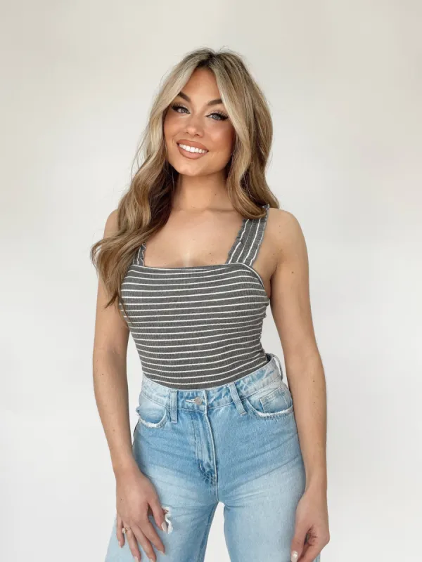 Charcoal Striped Ruffle Ribbed Bodysuit sold by LANE 201