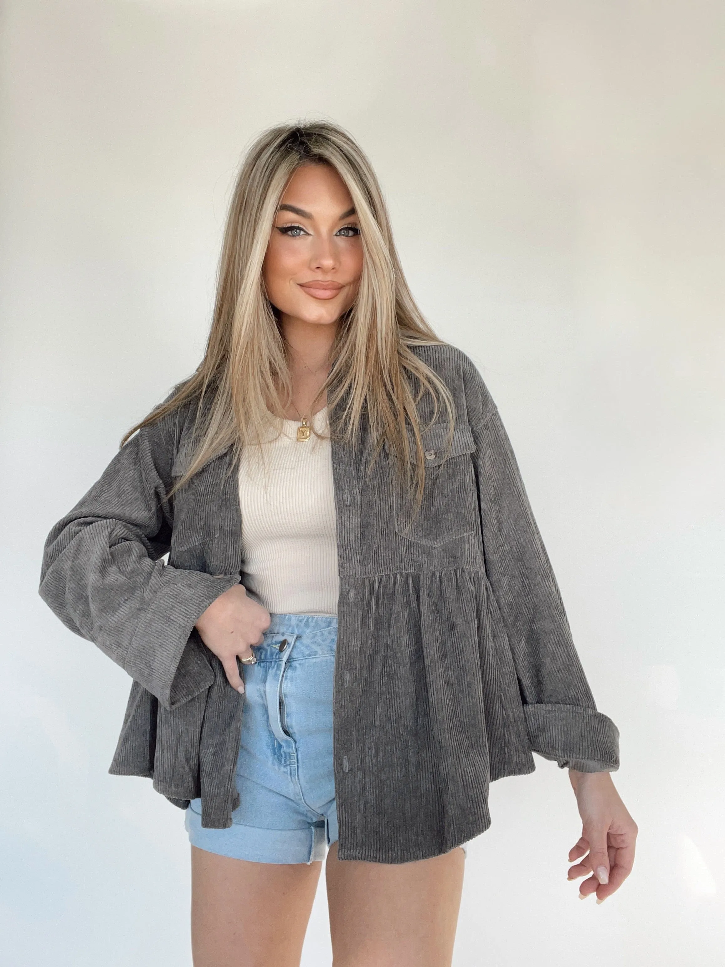 Charcoal Corduroy Peplum Top sold by LANE 201 product image thumbnail 4