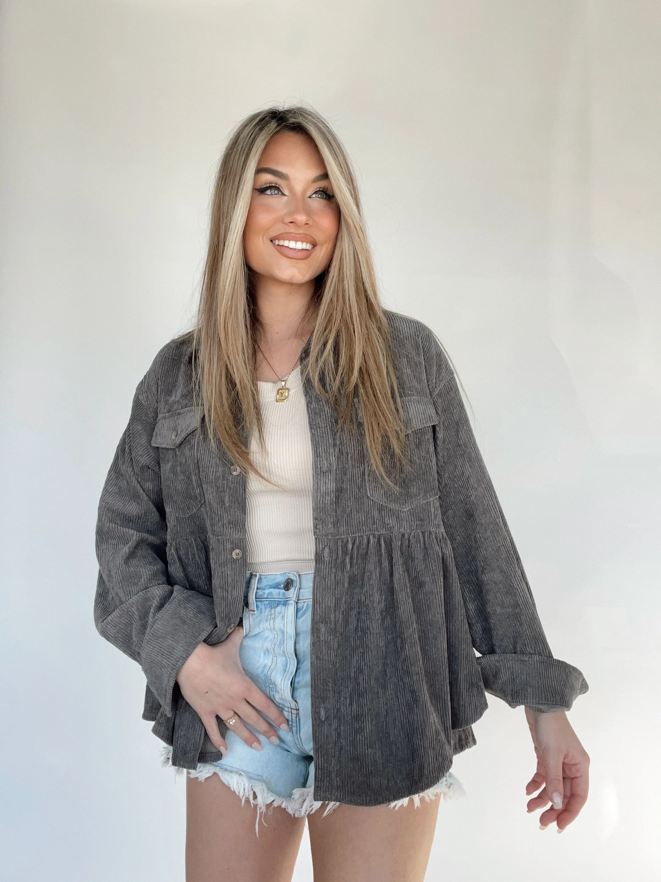 Charcoal Corduroy Peplum Top sold by LANE 201 product image thumbnail 5