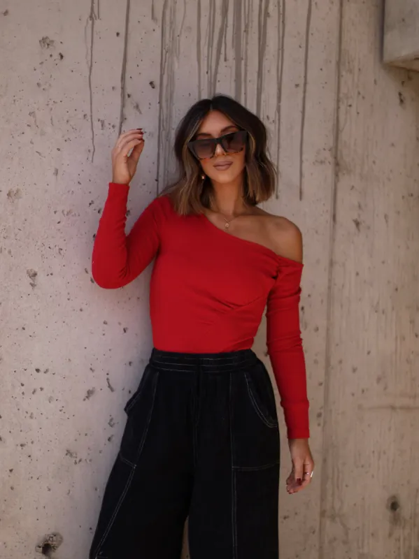 Red One Shoulder Bodysuit sold by LANE 201