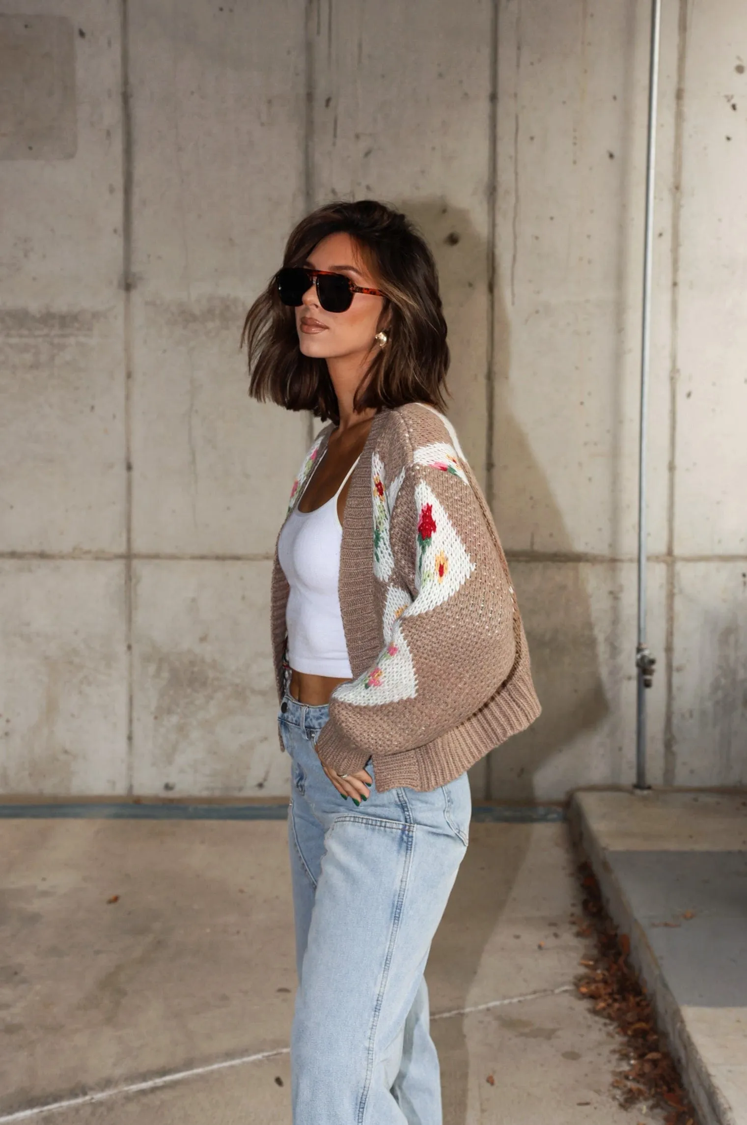 Tan Flower Knit Cardigan sold by LANE 201 product image thumbnail 5