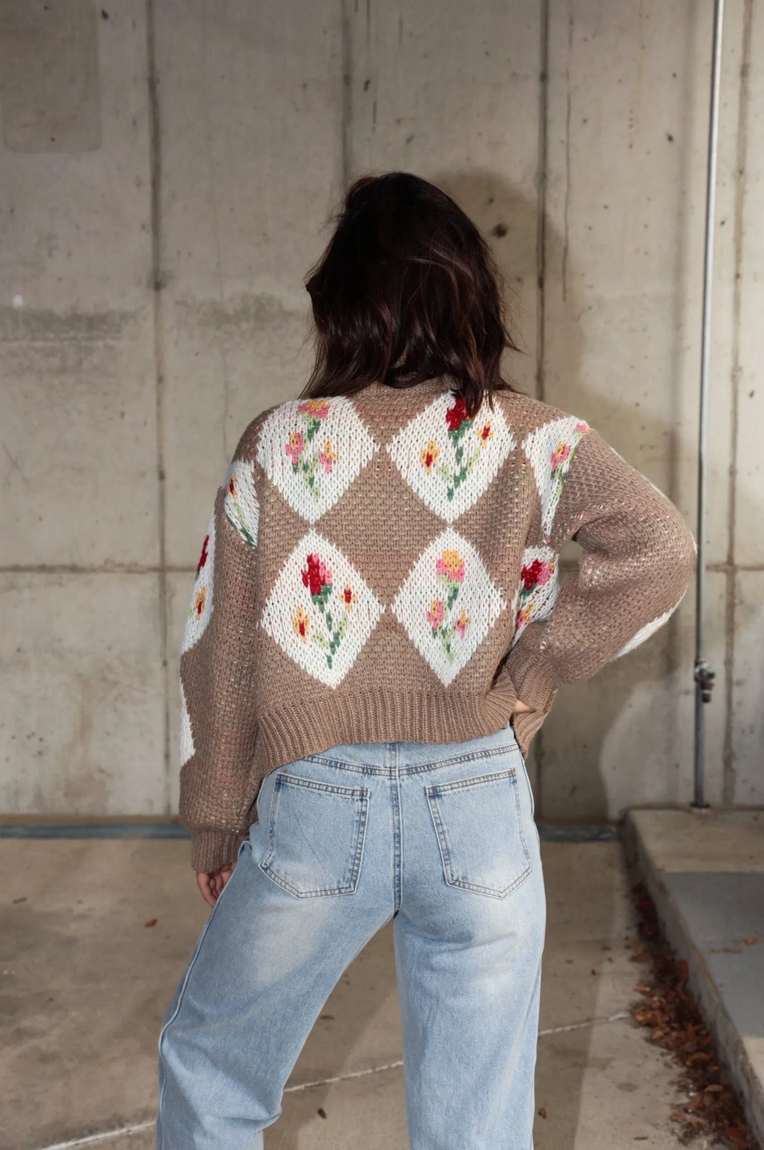 Tan Flower Knit Cardigan sold by LANE 201 product image thumbnail 2