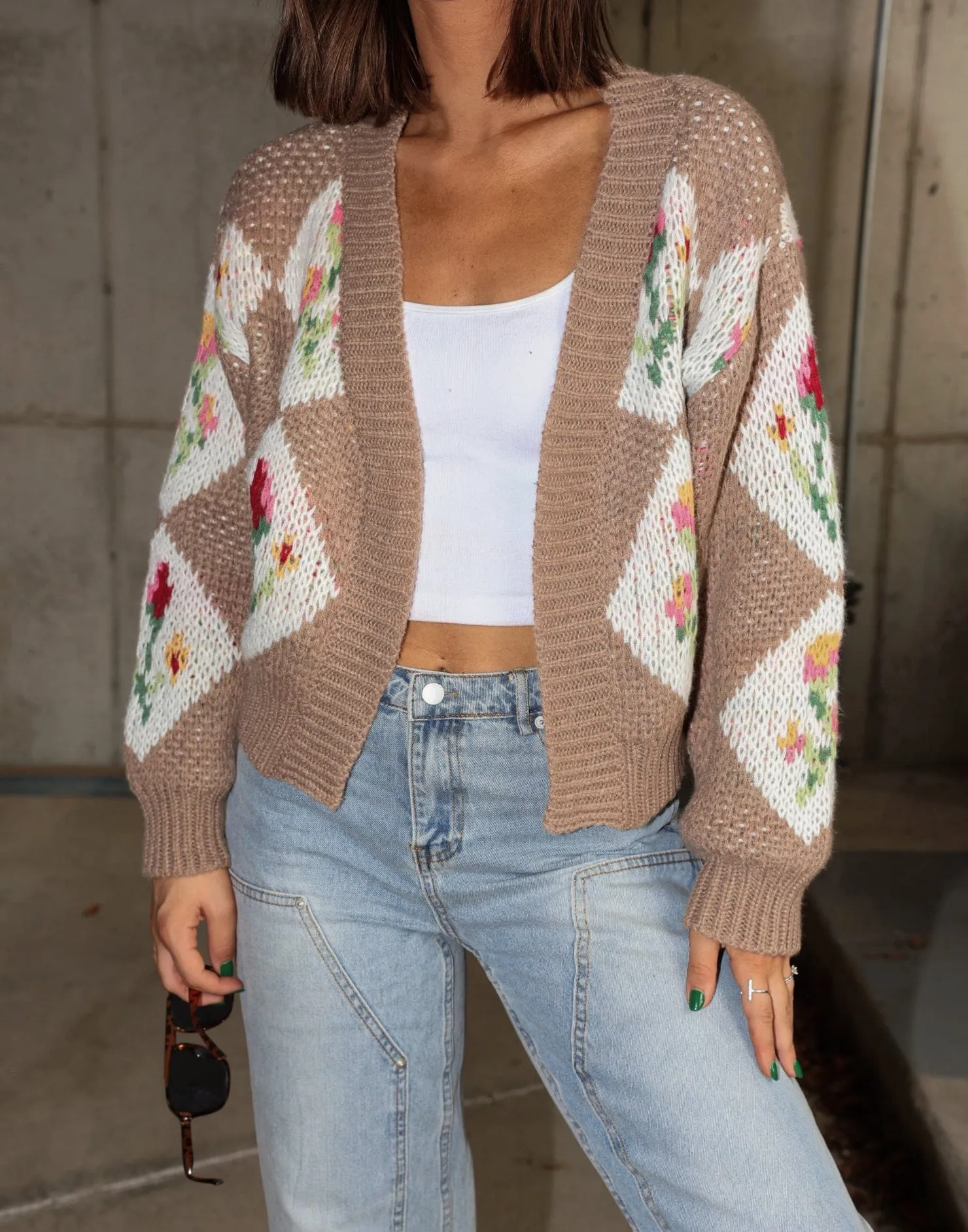 Tan Flower Knit Cardigan sold by LANE 201 product image thumbnail 3