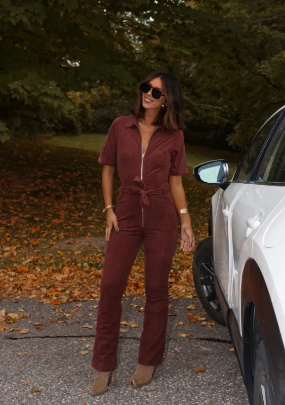 Dark Rust Corduroy Jumpsuit sold by LANE 201