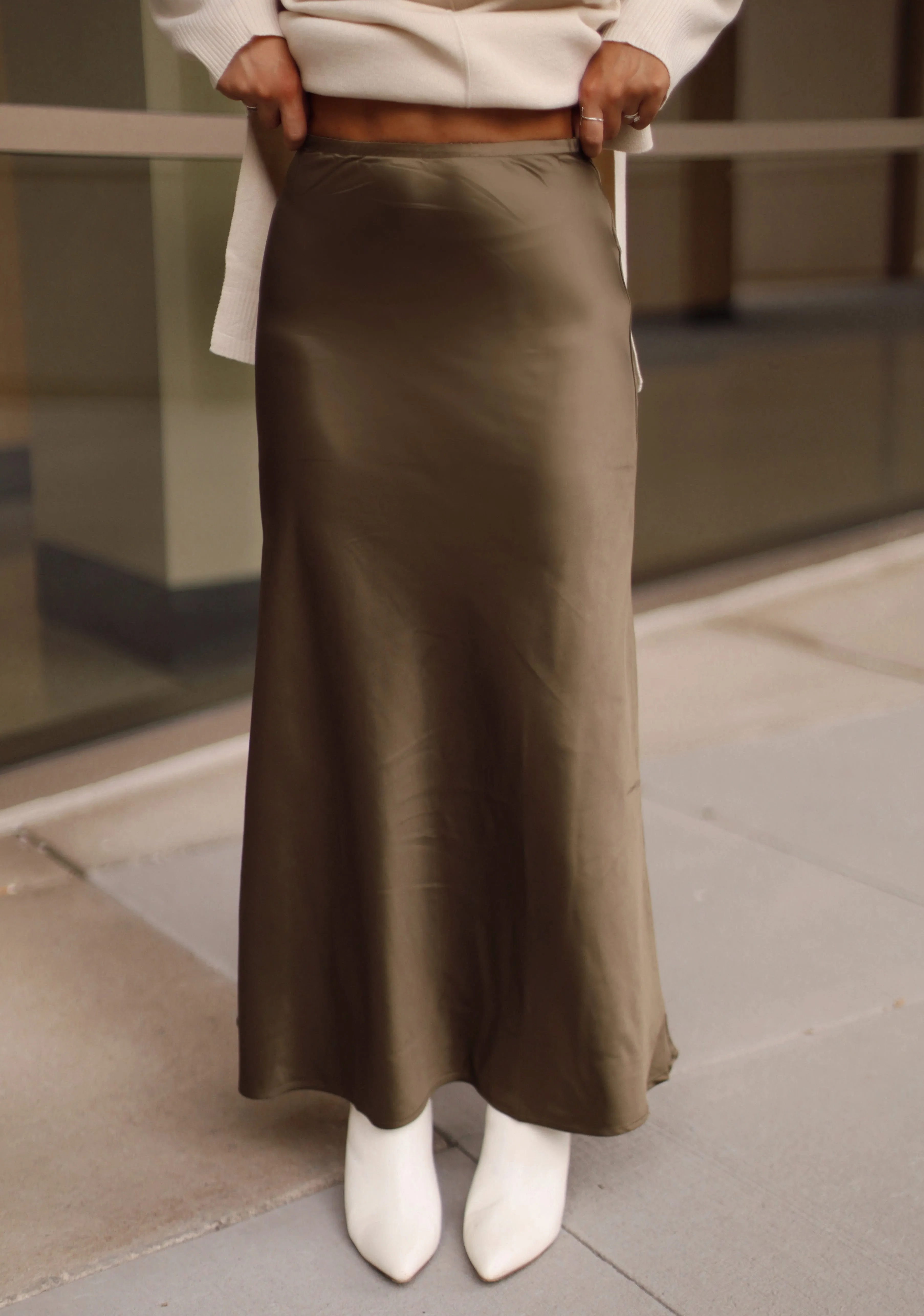 Olive Satin Midi Skirt sold by LANE 201
