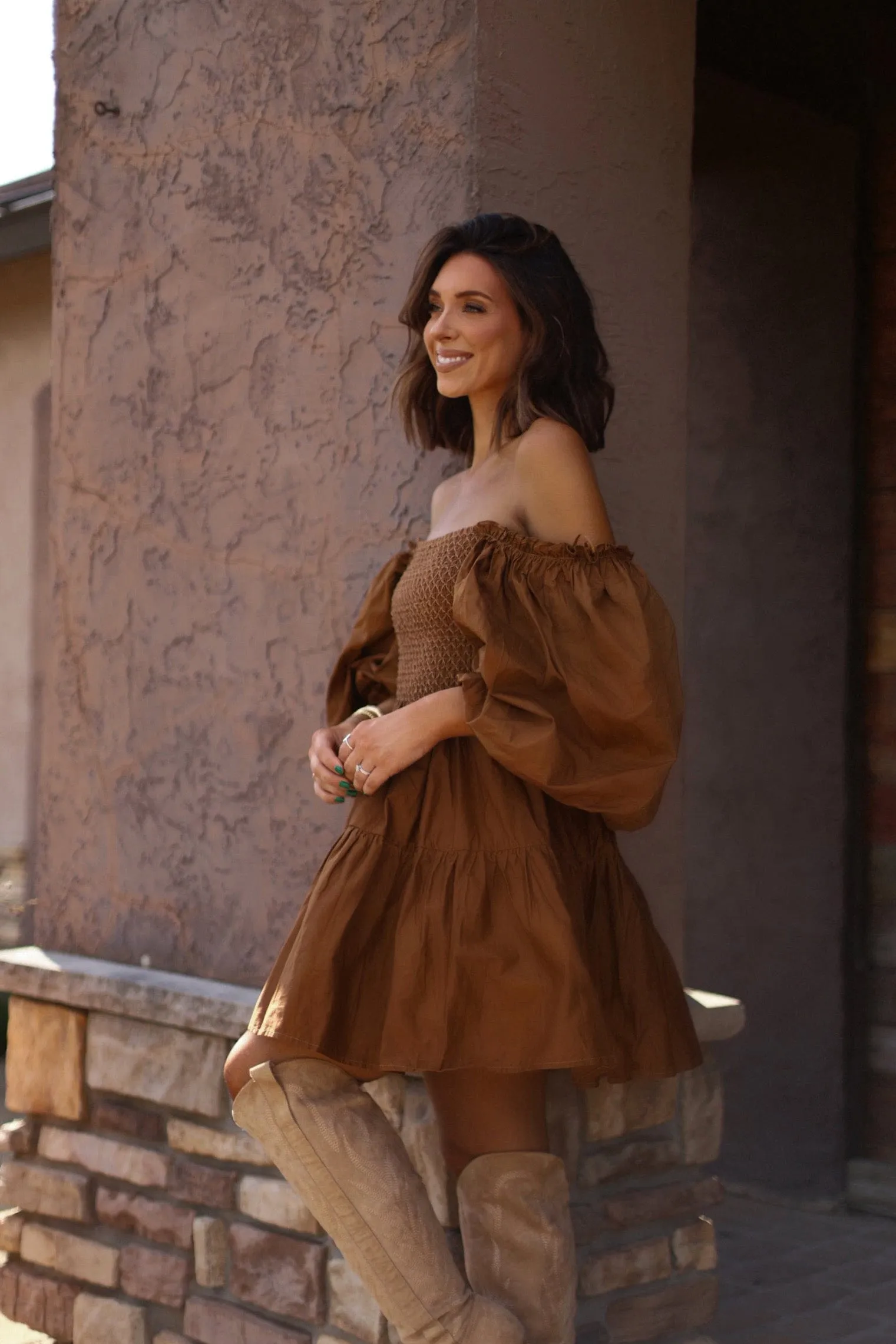 Camel Smocked Mini Dress sold by LANE 201 product image thumbnail 4
