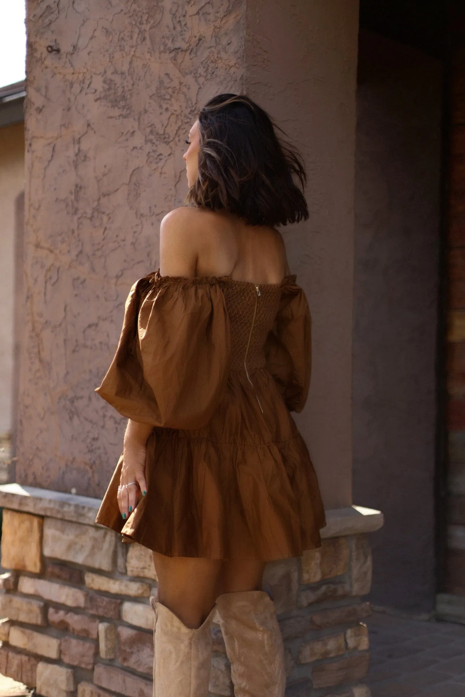 Camel Smocked Mini Dress sold by LANE 201 product image thumbnail 2