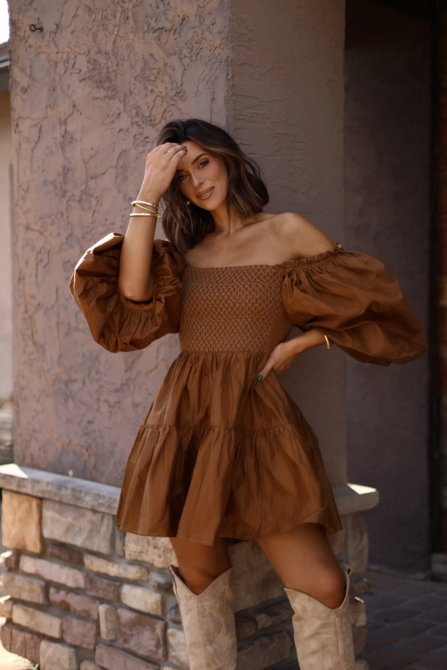 Camel Smocked Mini Dress sold by LANE 201 product image thumbnail 3