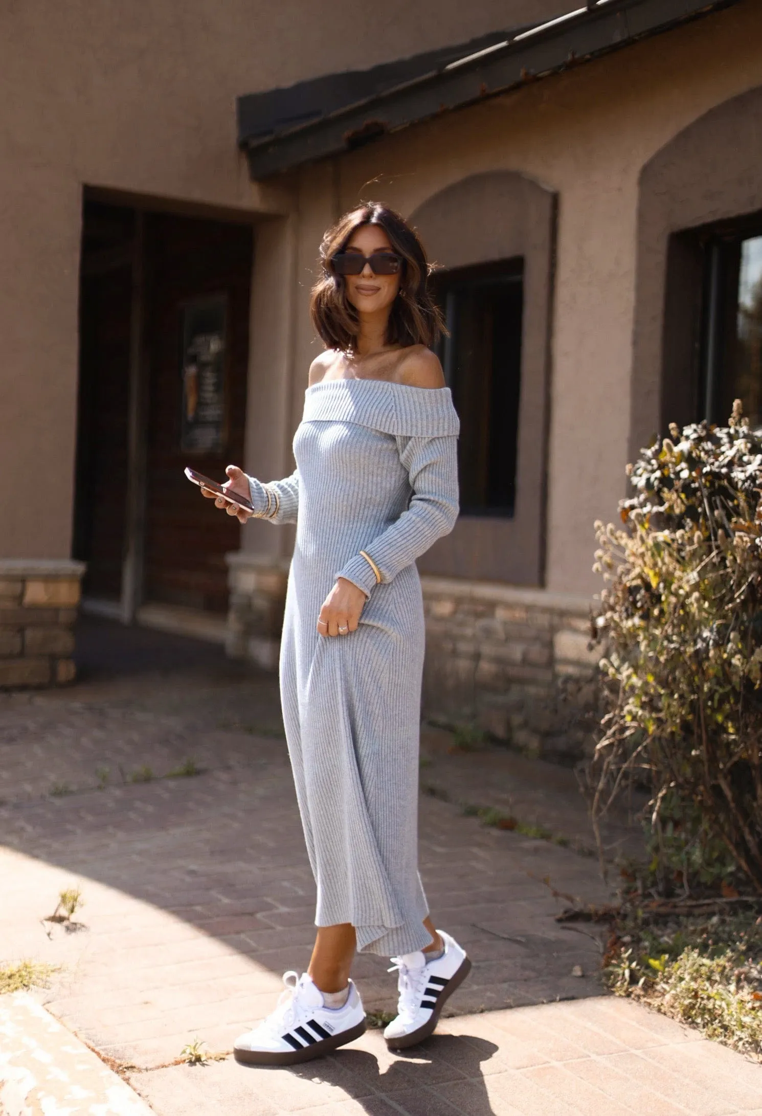 Grey Ribbed Sweater Midi Dress sold by LANE 201