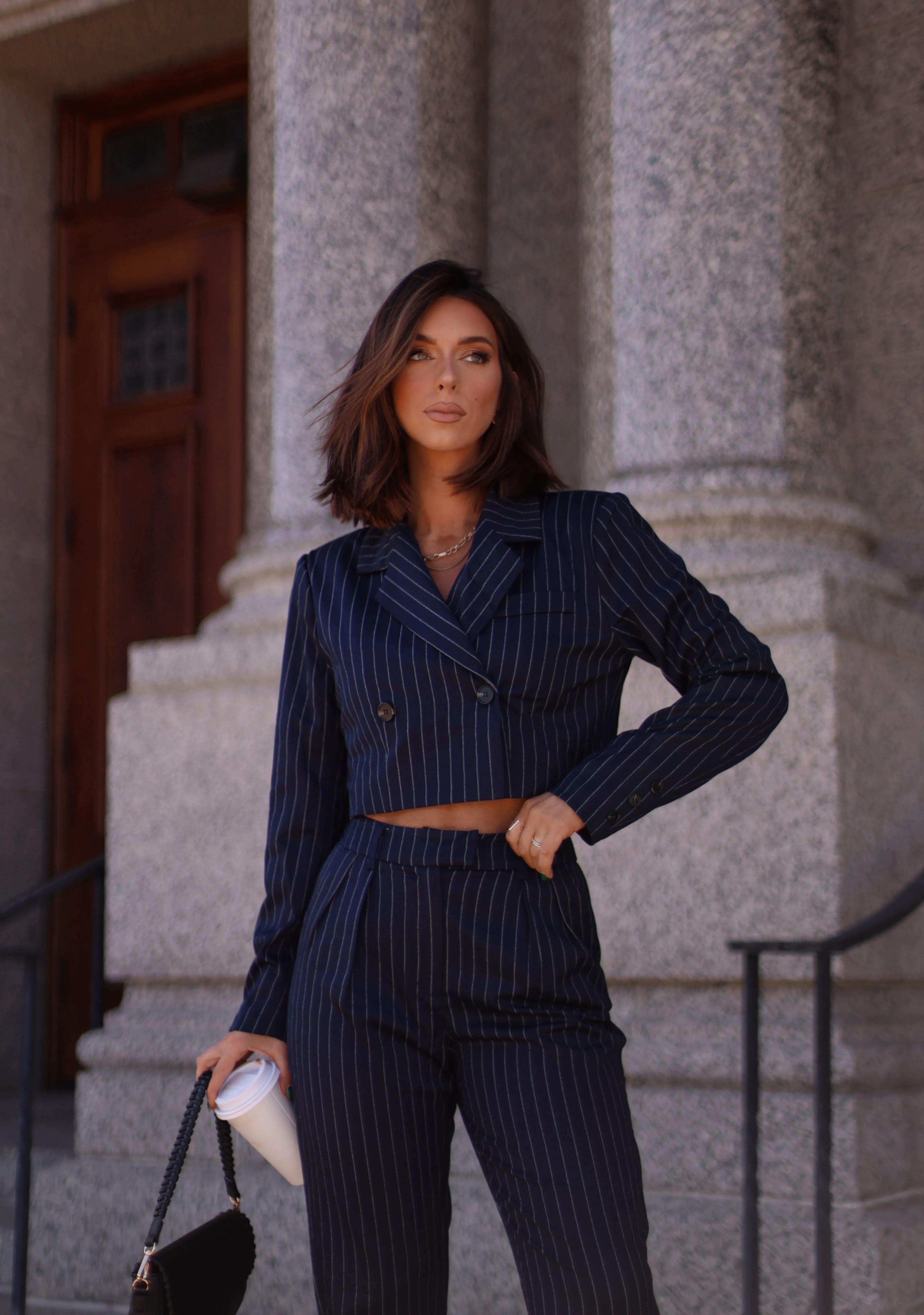 Navy Pinstripe Cropped Blazer sold by LANE 201