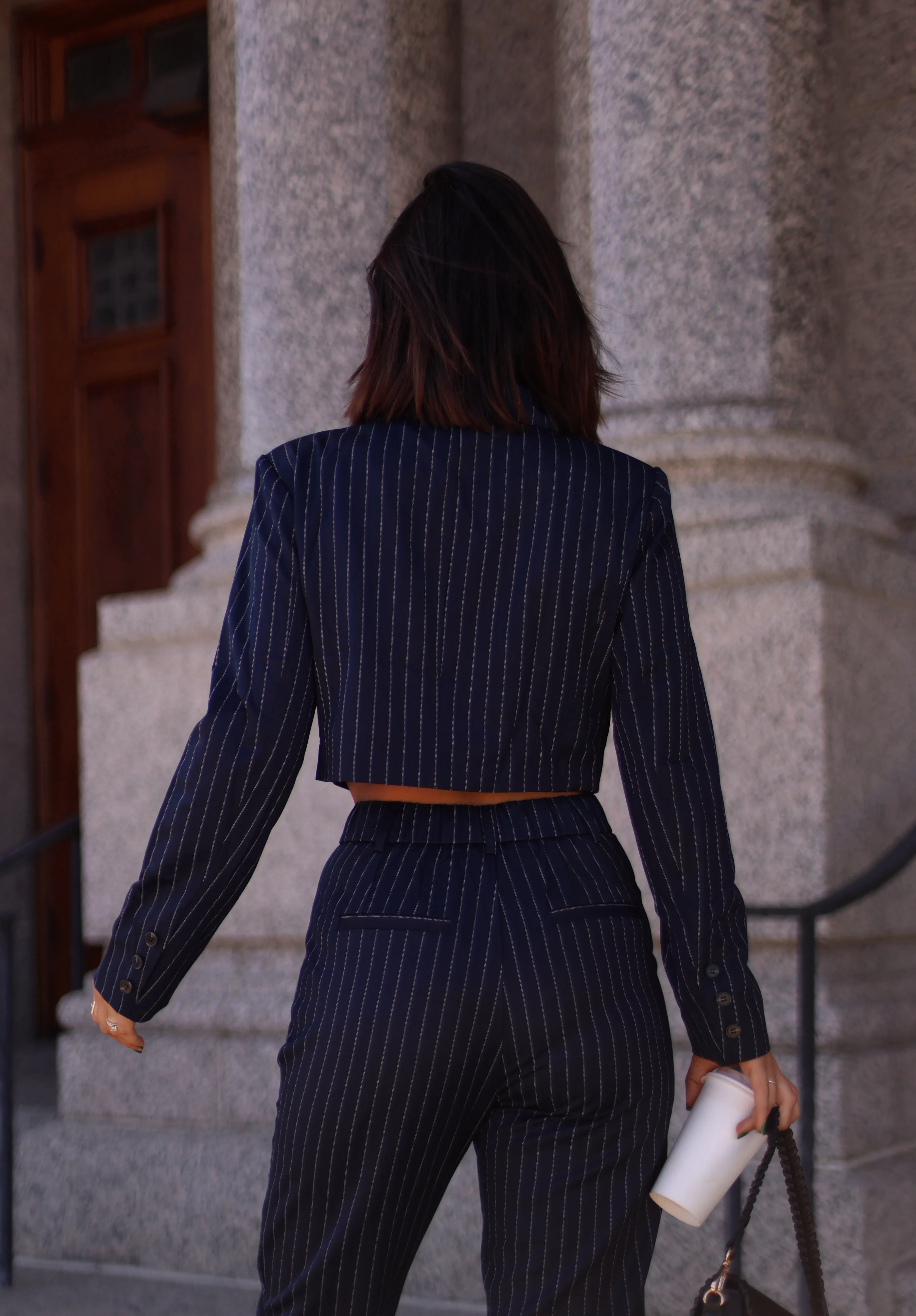 Navy Pinstripe Cropped Blazer sold by LANE 201 product image thumbnail 3