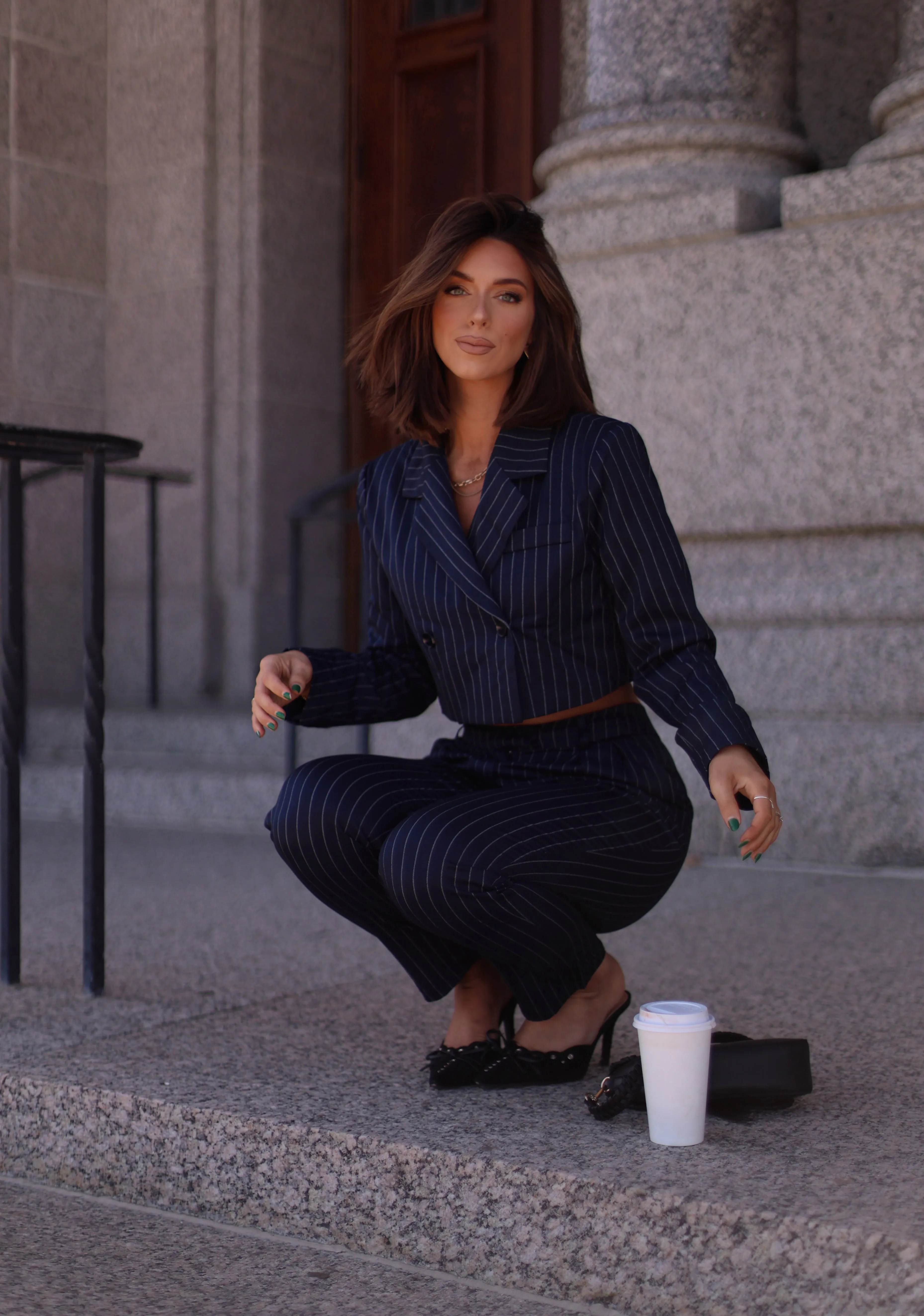Navy Pinstripe Cropped Blazer sold by LANE 201 product image thumbnail 5