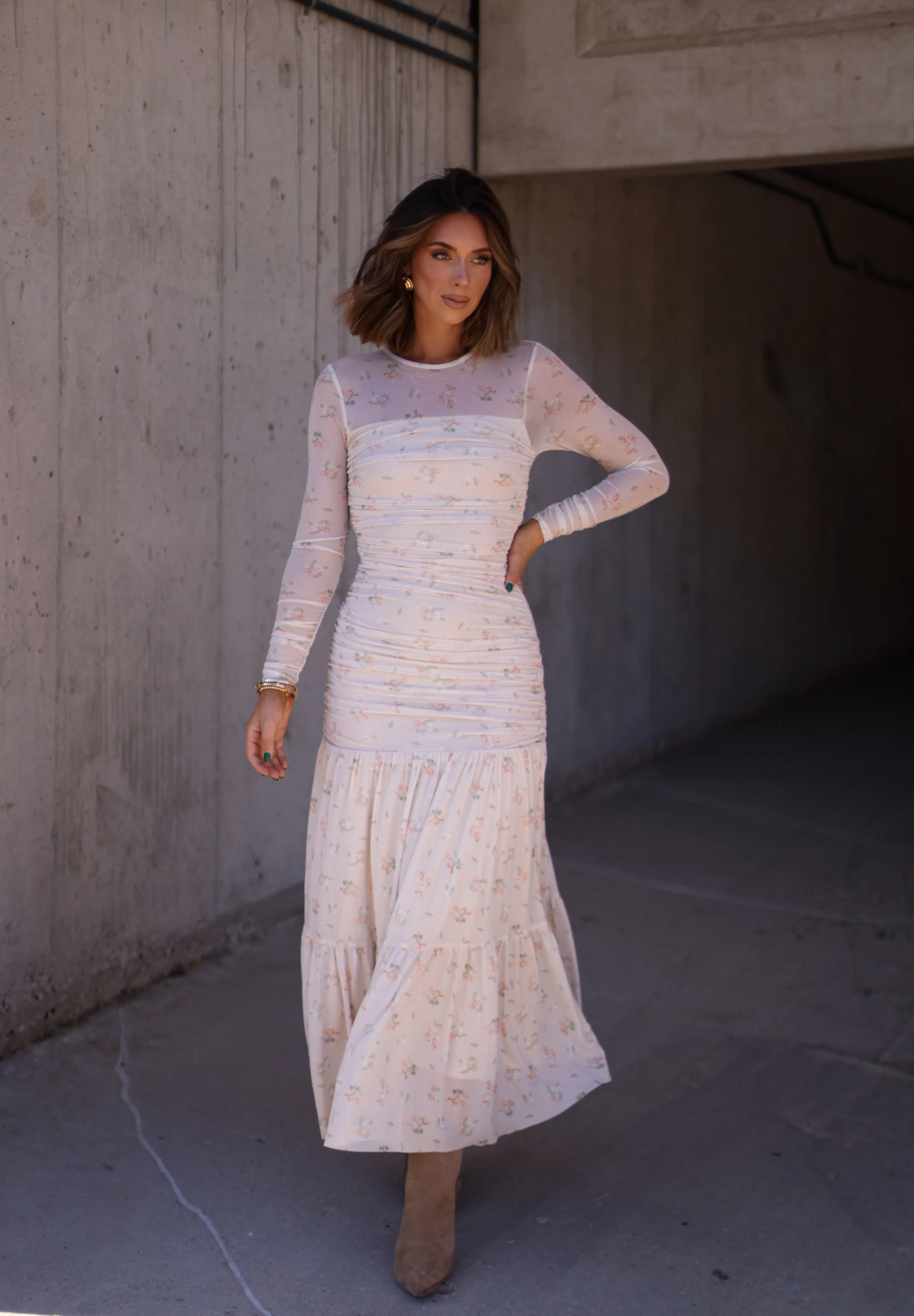 Mesh Floral Gathered Maxi Dress sold by LANE 201 product image thumbnail 4