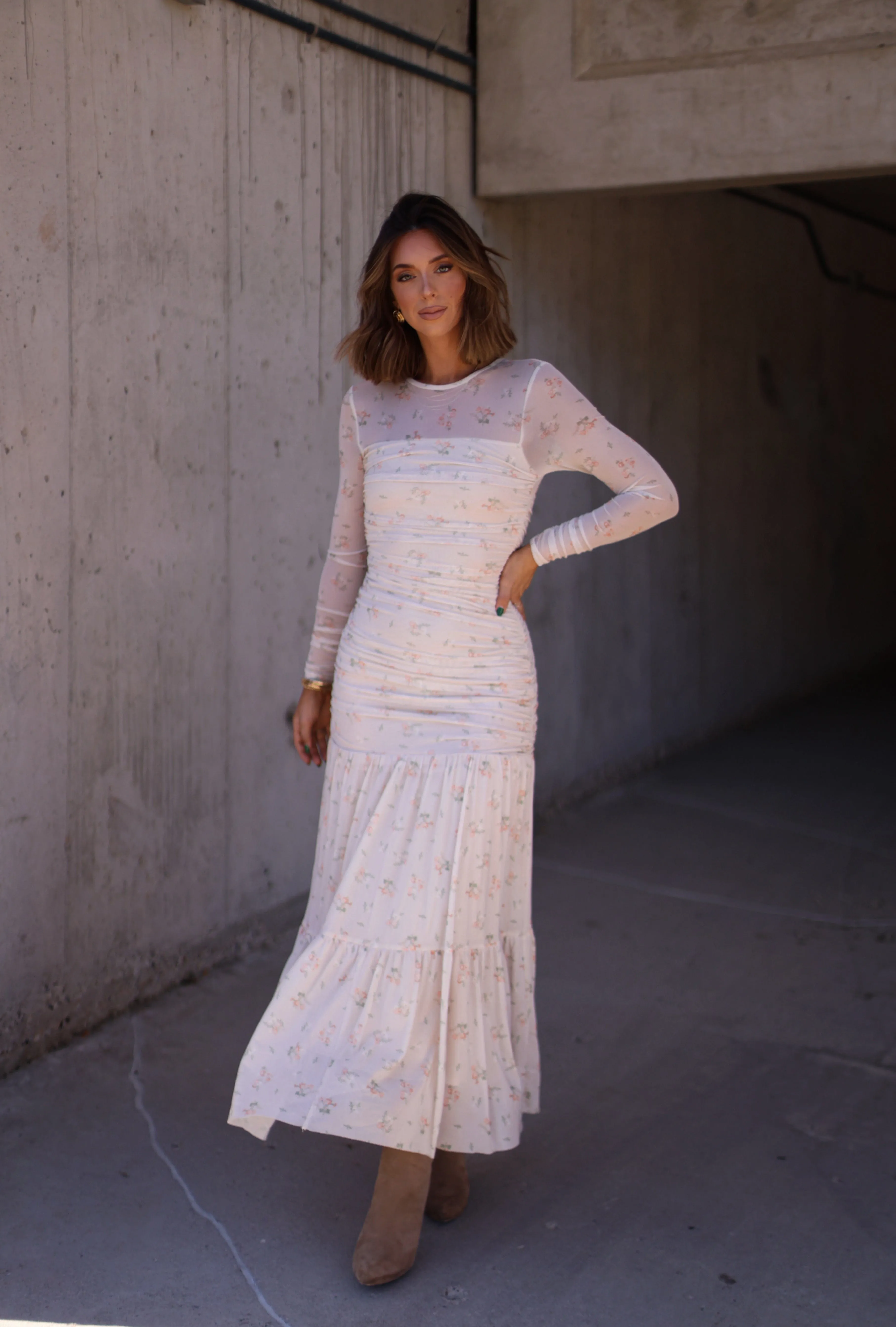 Mesh Floral Gathered Maxi Dress sold by LANE 201