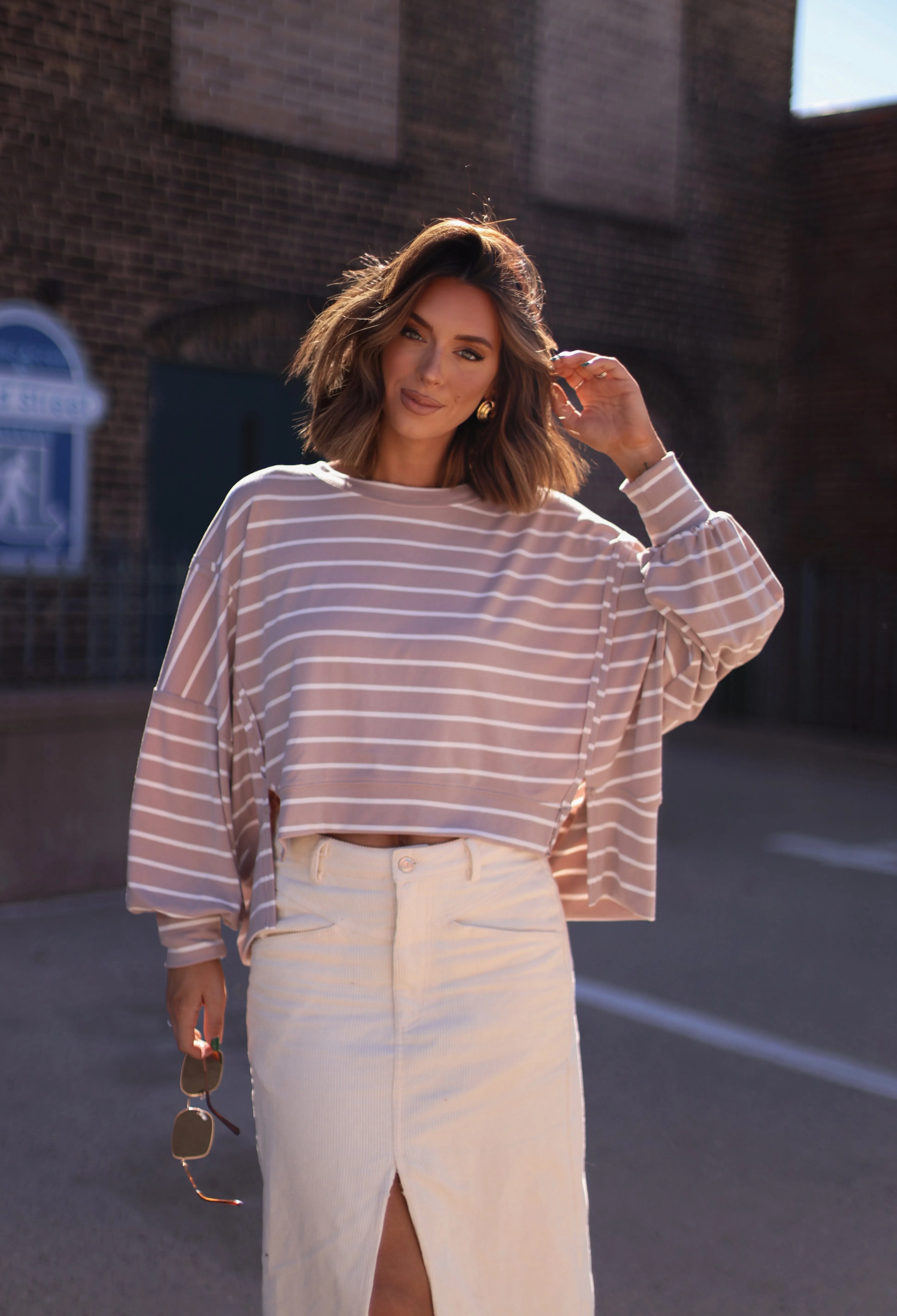 Striped Balloon Sleeve Top sold by LANE 201