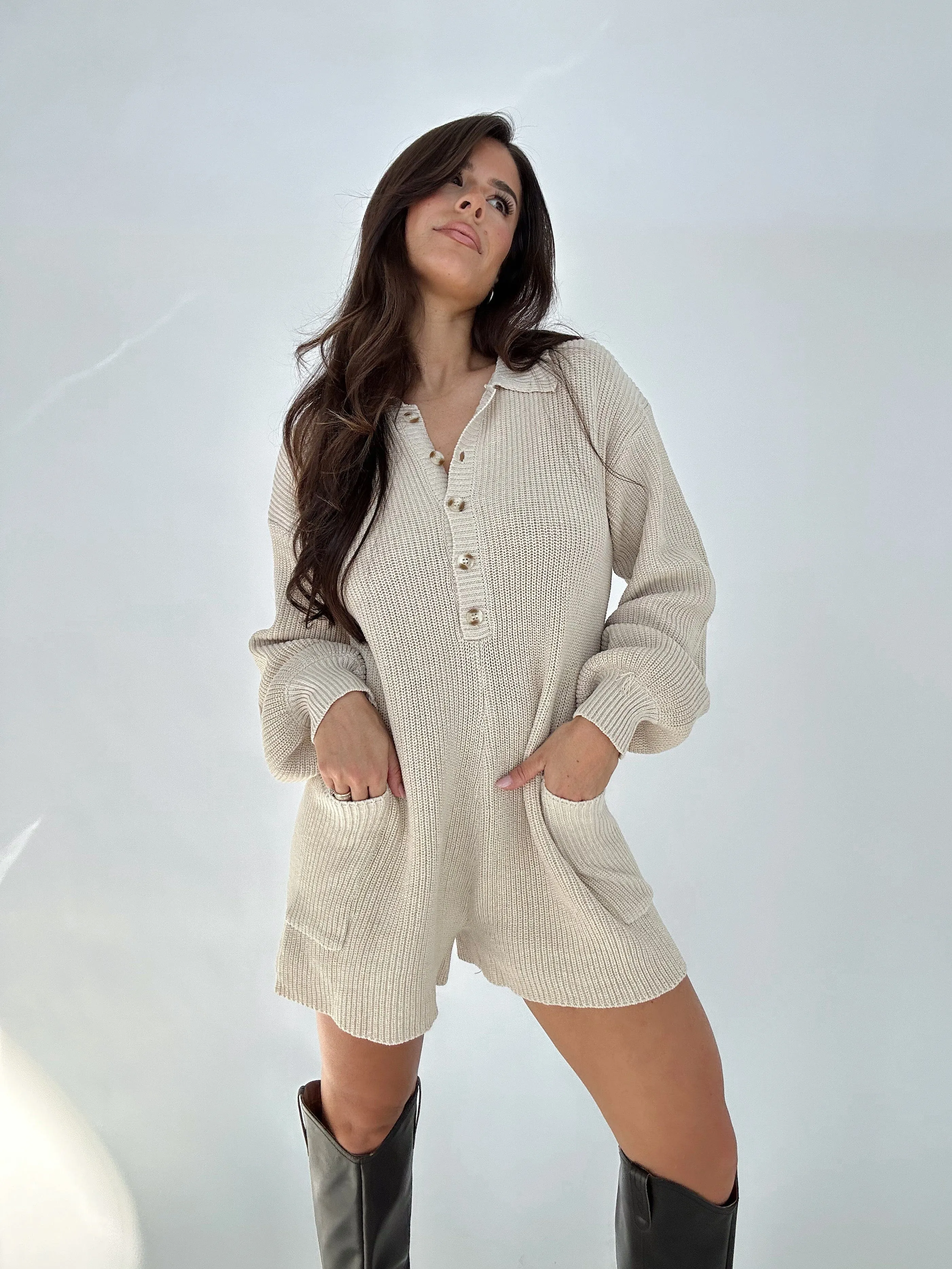 Cream Cozy Sweater Romper sold by LANE 201 product image thumbnail 5