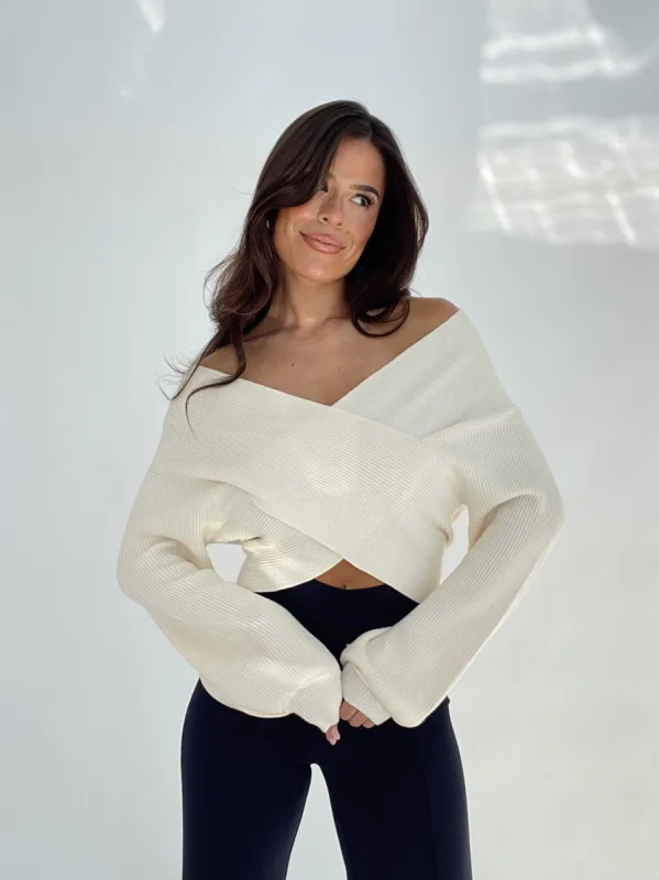 Cream Overlapped Sweater made by By Together