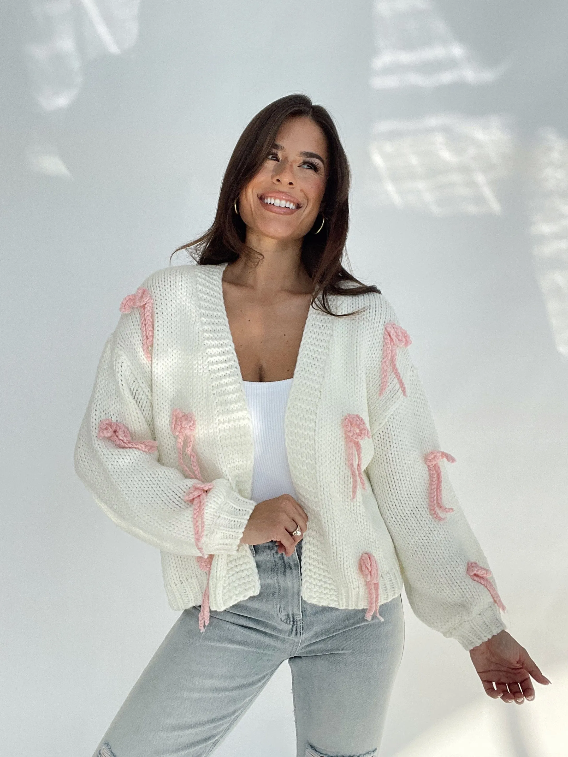 Chunky Knit Bow Cardigan sold by LANE 201