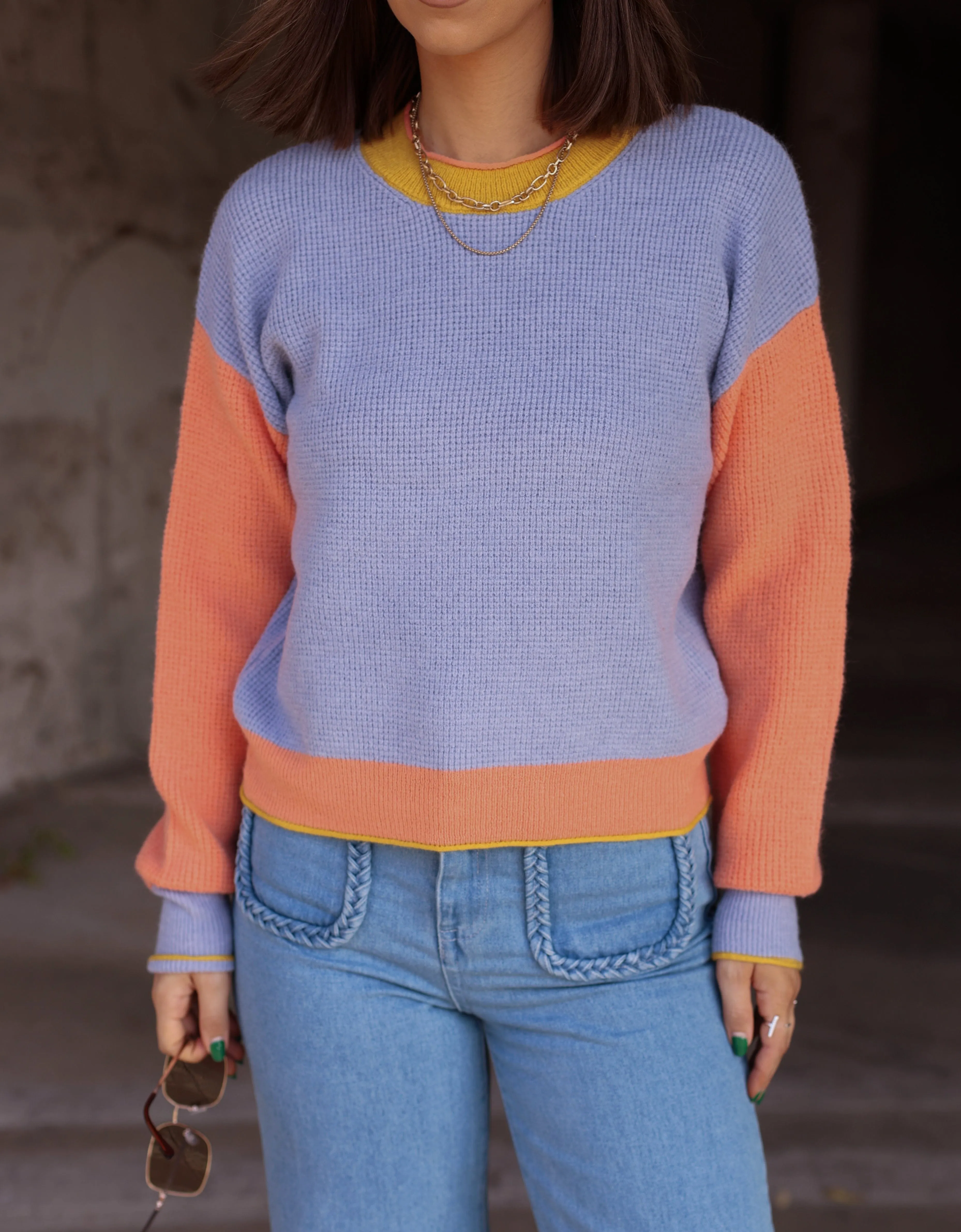 Blue Color Block Knit Sweater sold by LANE 201 product image thumbnail 2