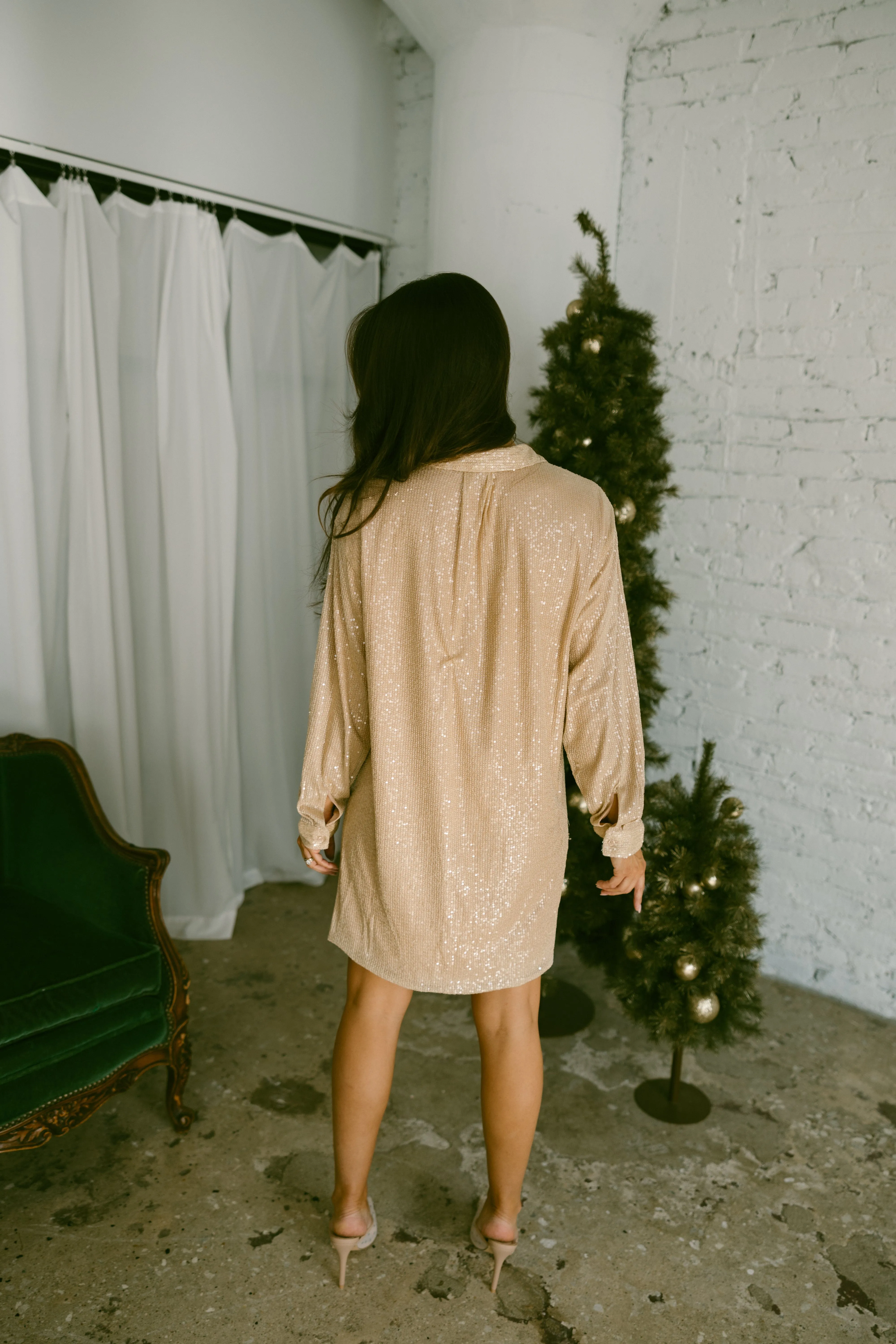 Beige Sequin Shirt Dress sold by LANE 201 product image thumbnail 2