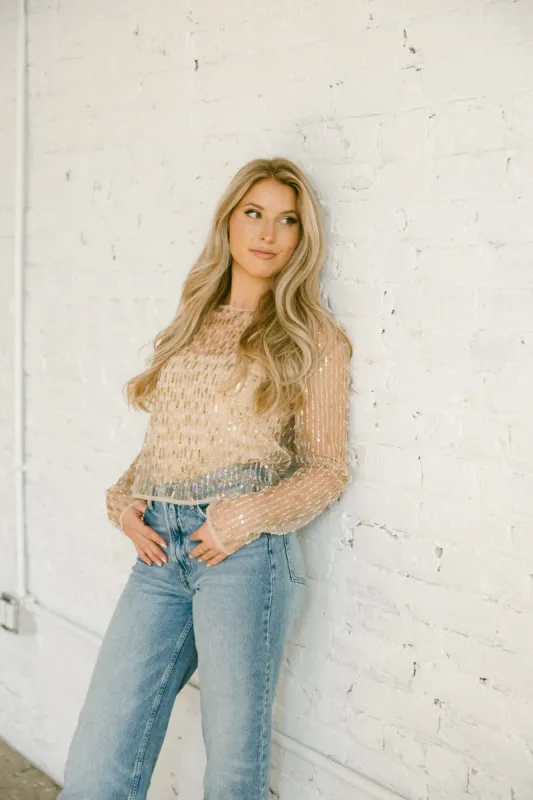 Gold Beaded Mesh Top sold by LANE 201