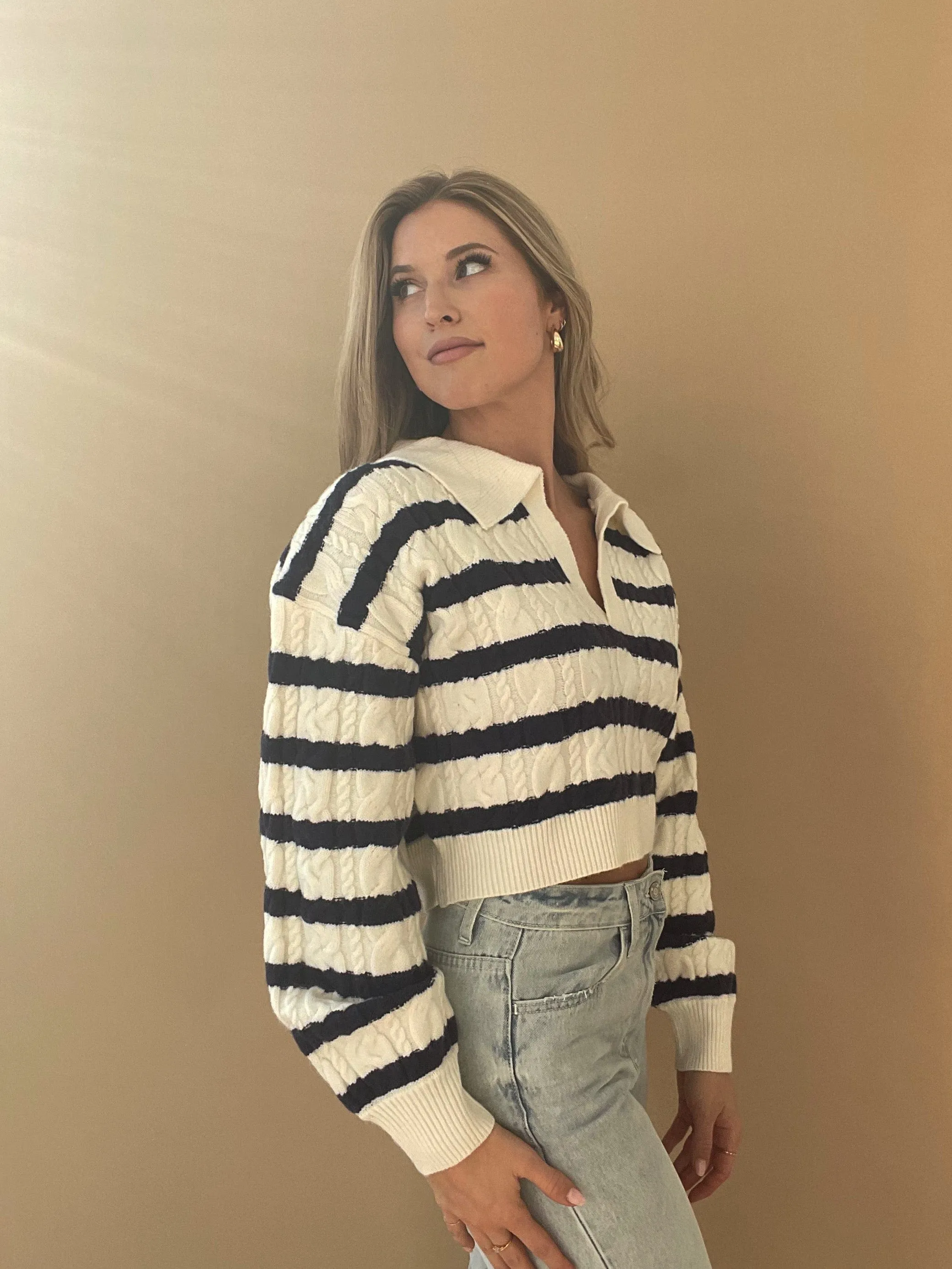 Navy Striped Collared Sweater sold by LANE 201 product image thumbnail 4