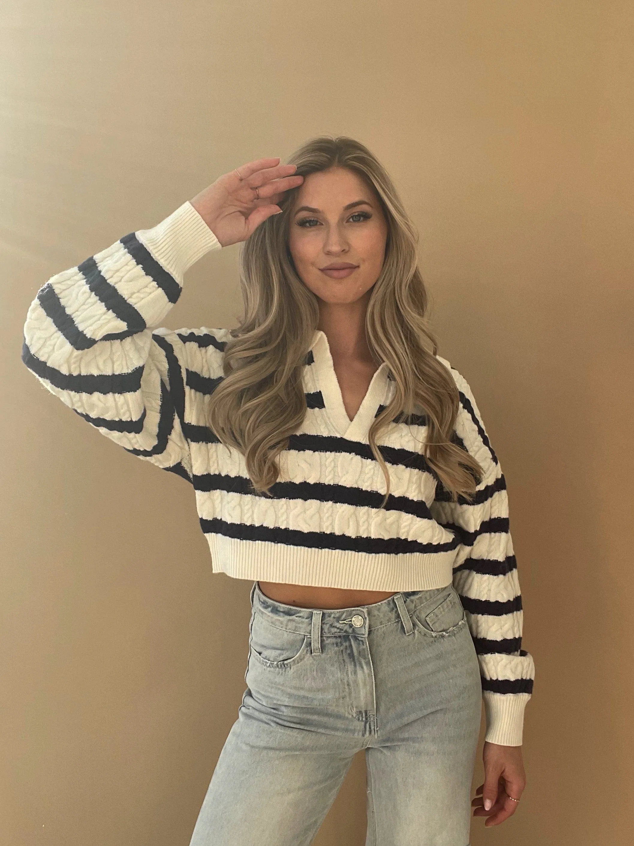 Navy Striped Collared Sweater sold by LANE 201