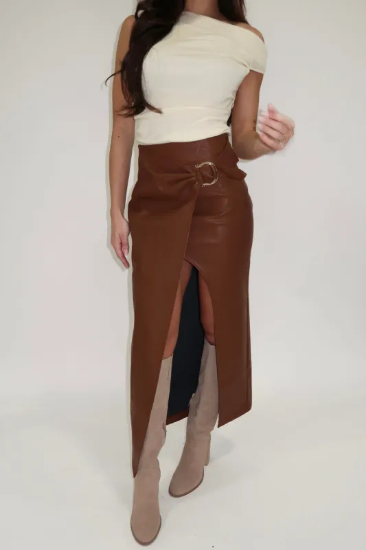 Brown Wrap Front Leather Skirt sold by LANE 201