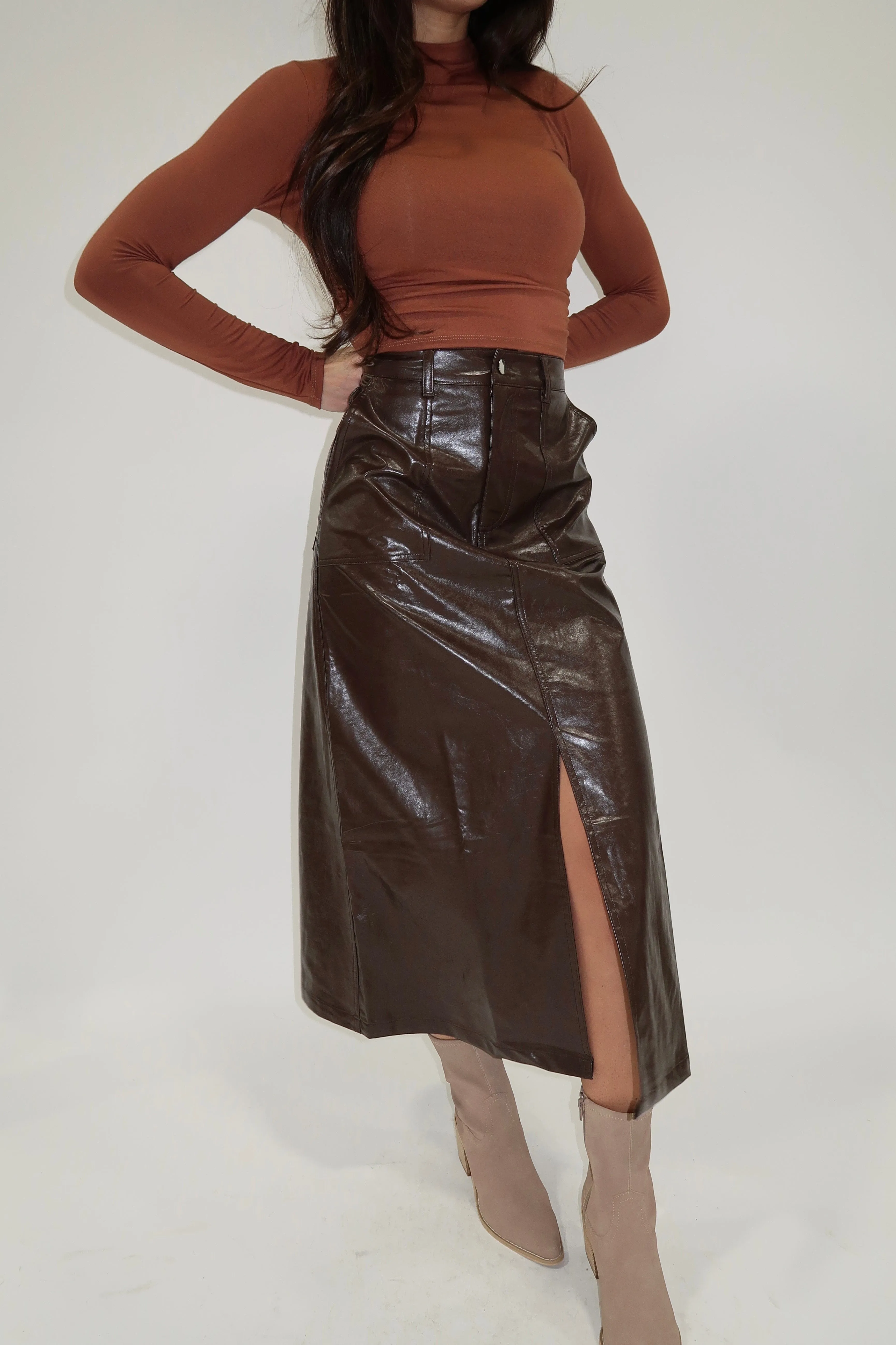 Chocolate Faux Leather Skirt sold by LANE 201