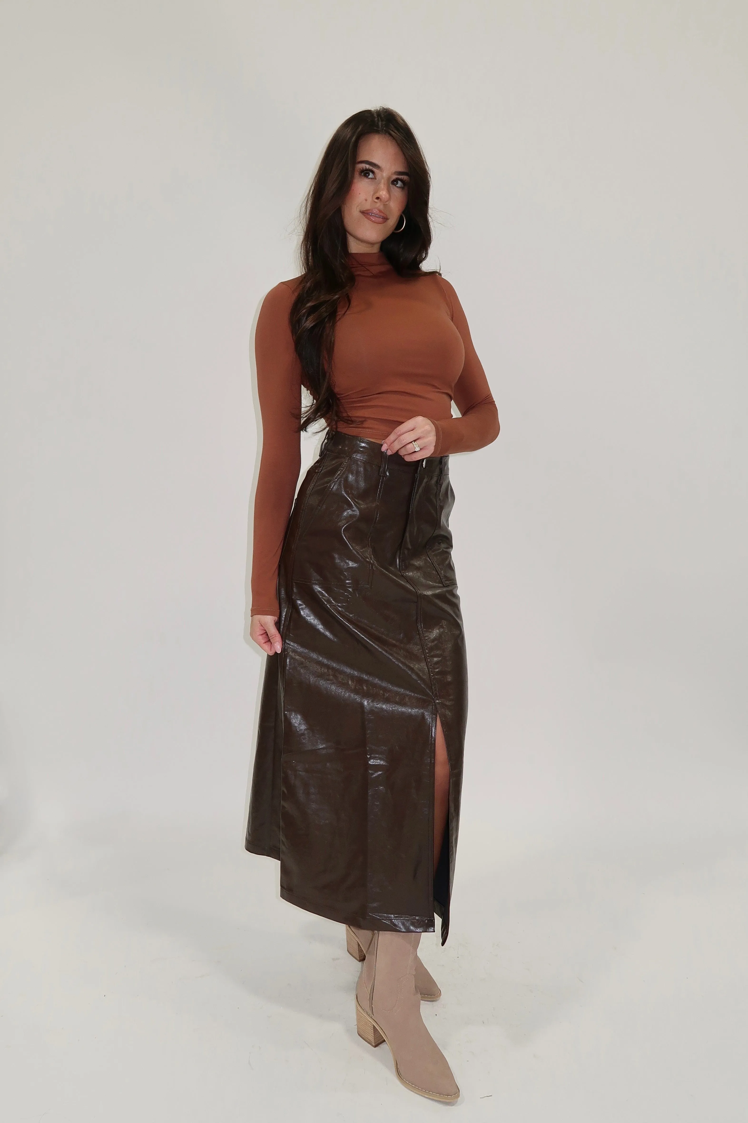 Chocolate Faux Leather Skirt sold by LANE 201 product image thumbnail 3