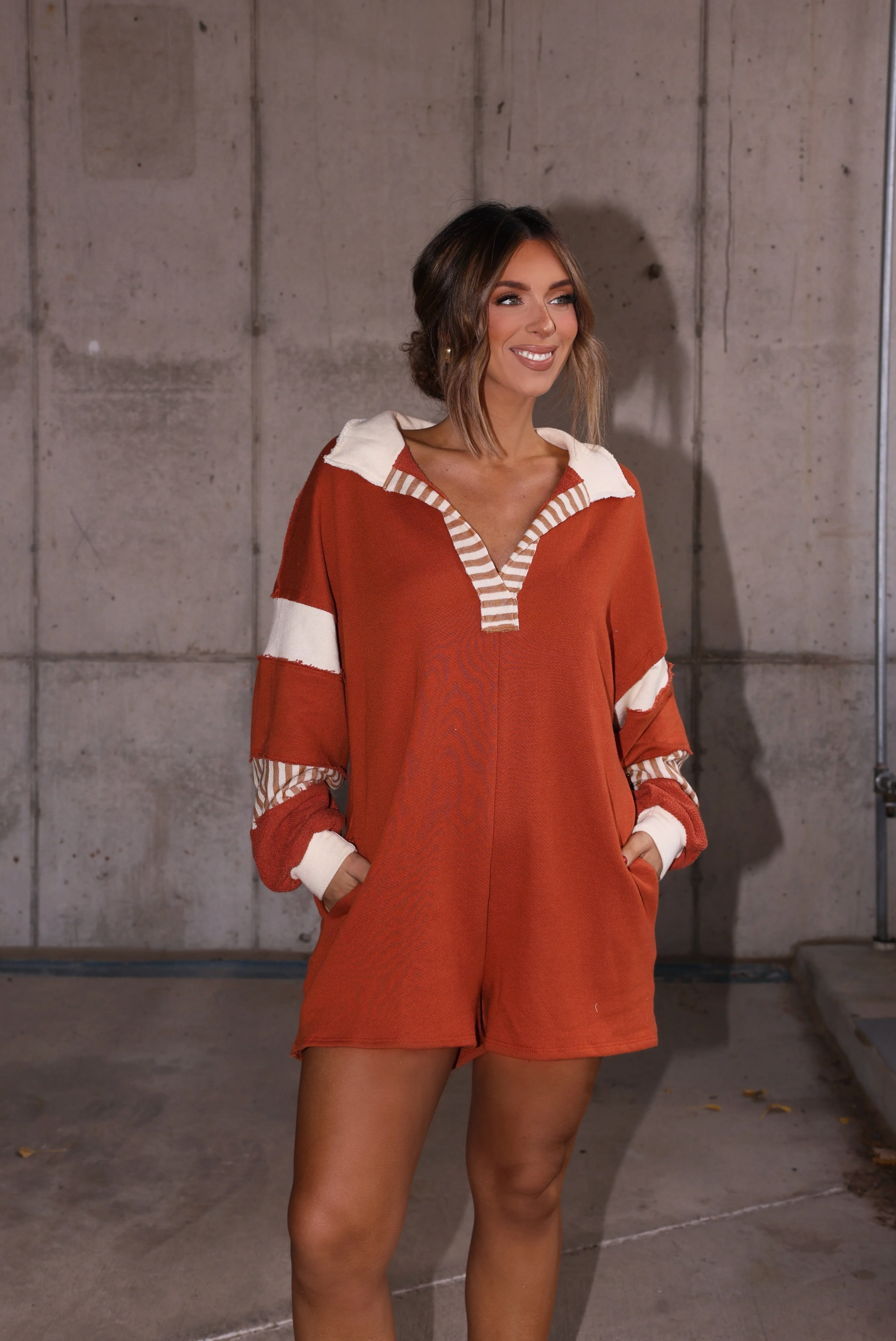 Rust Color Block Romper sold by LANE 201 product image thumbnail 4