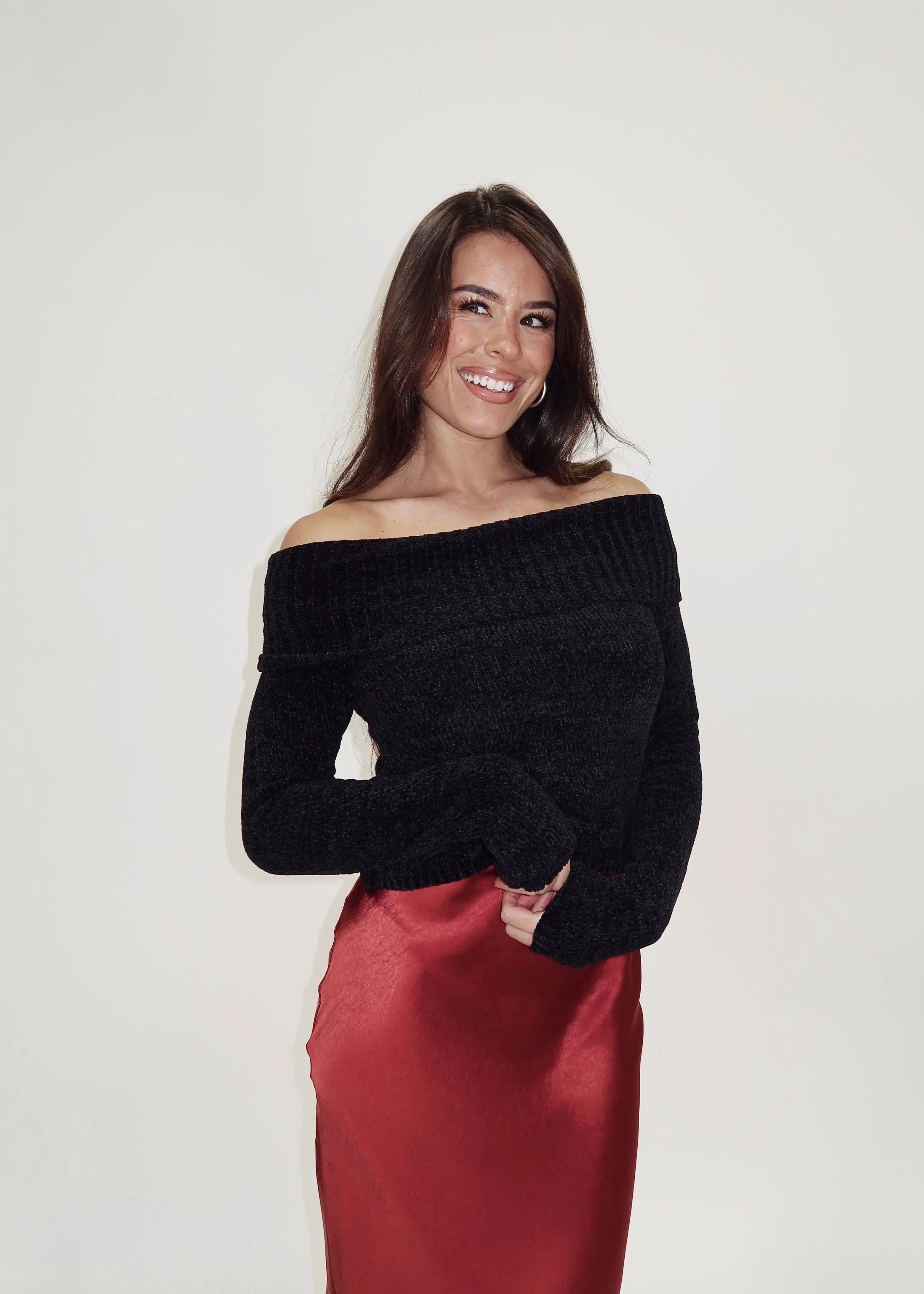 Black Velour Off The Shoulder Top sold by LANE 201