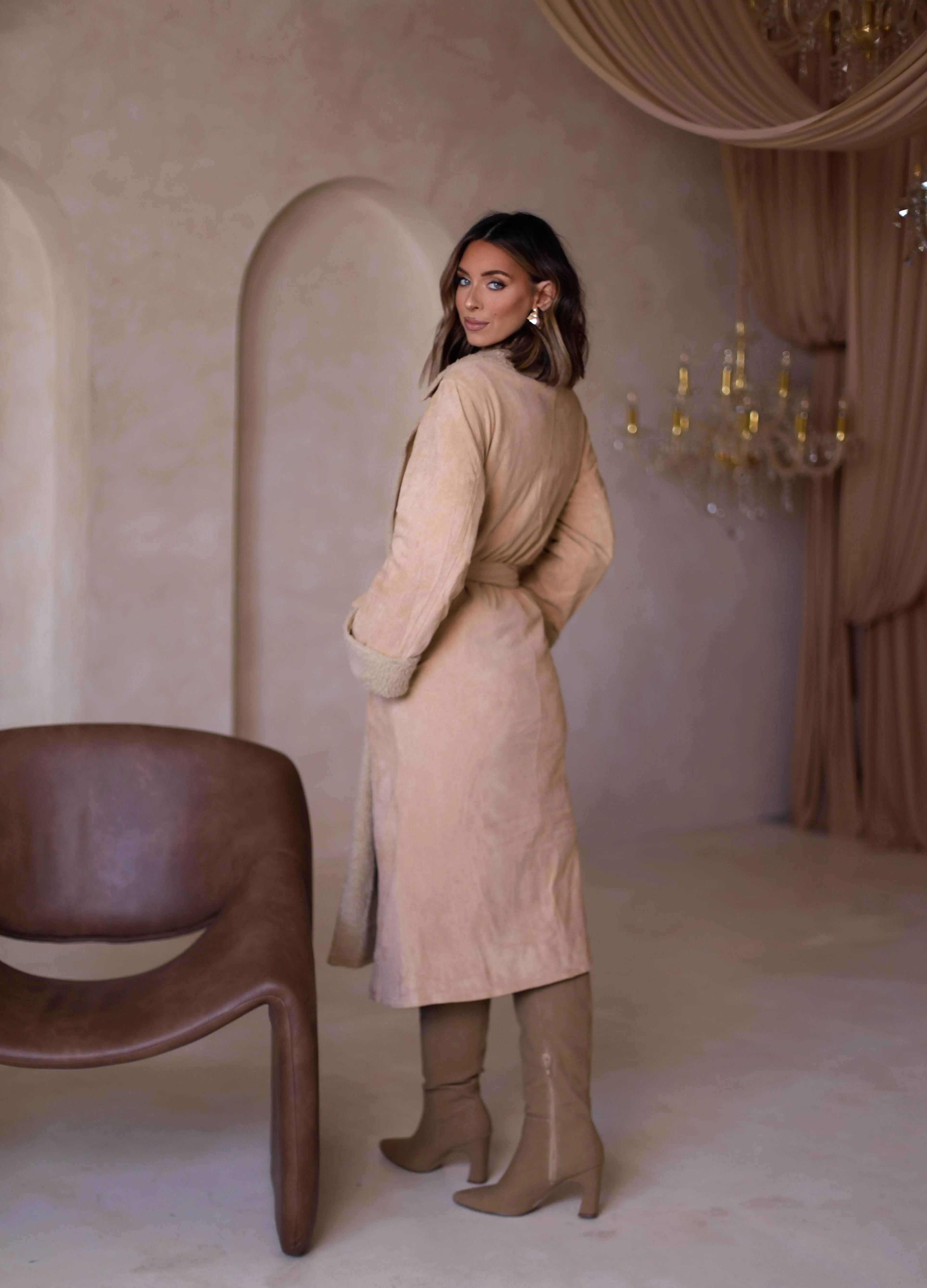 Khaki Belted Faux Fur Coat sold by LANE 201 product image thumbnail 3