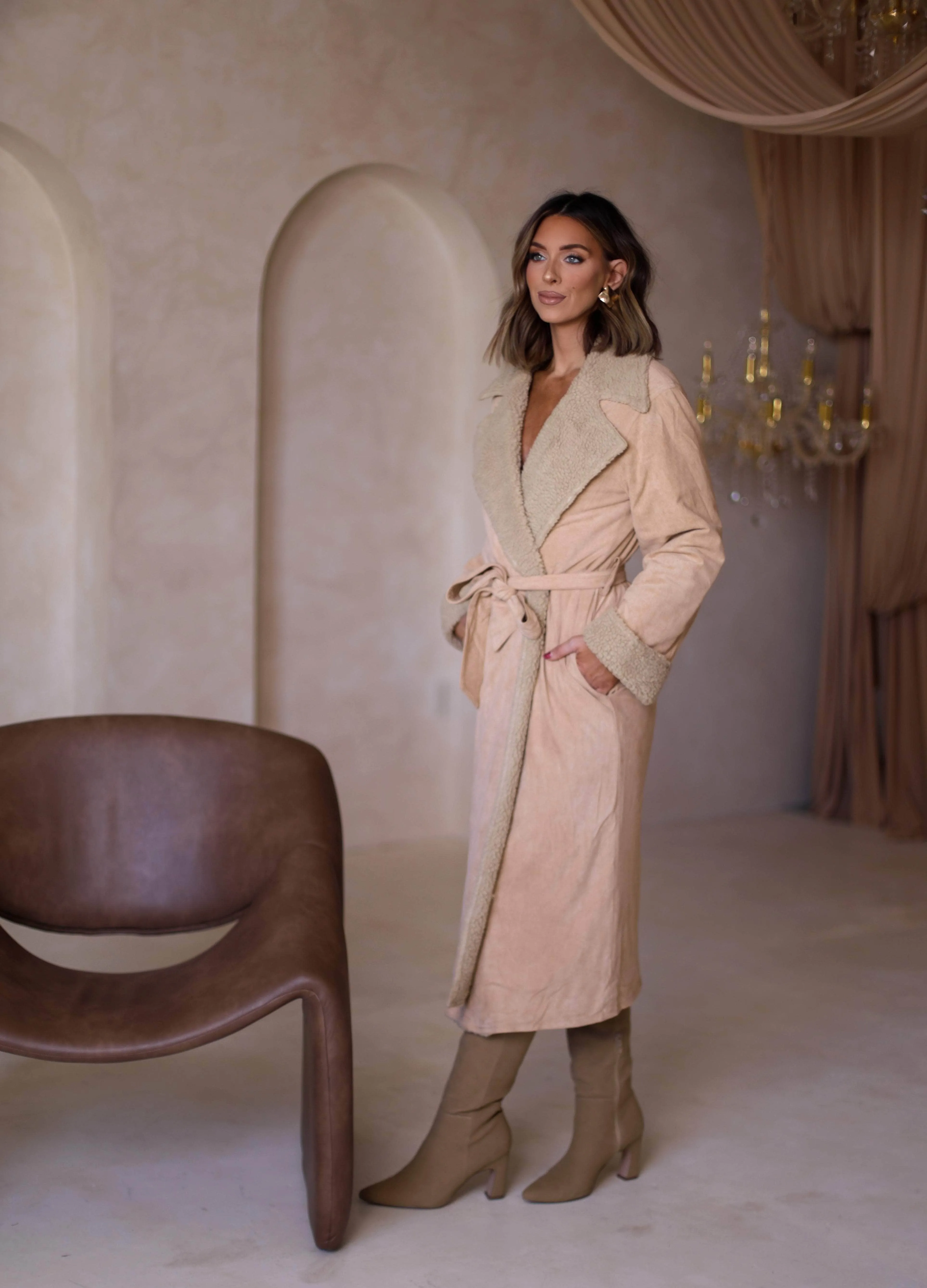 Khaki Belted Faux Fur Coat sold by LANE 201 product image thumbnail 5