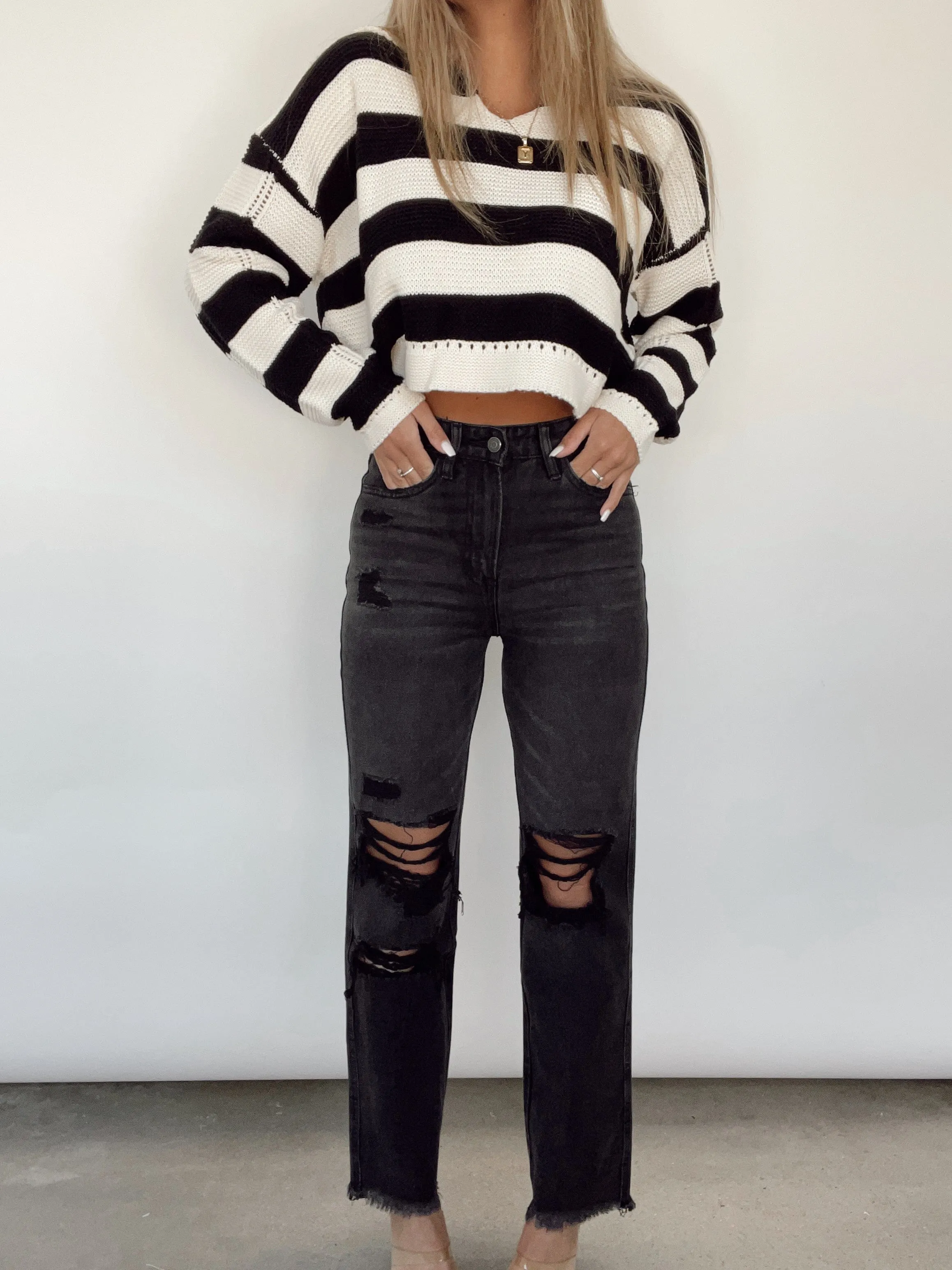 Black Distressed High Rise Denim sold by LANE 201 product image thumbnail 3