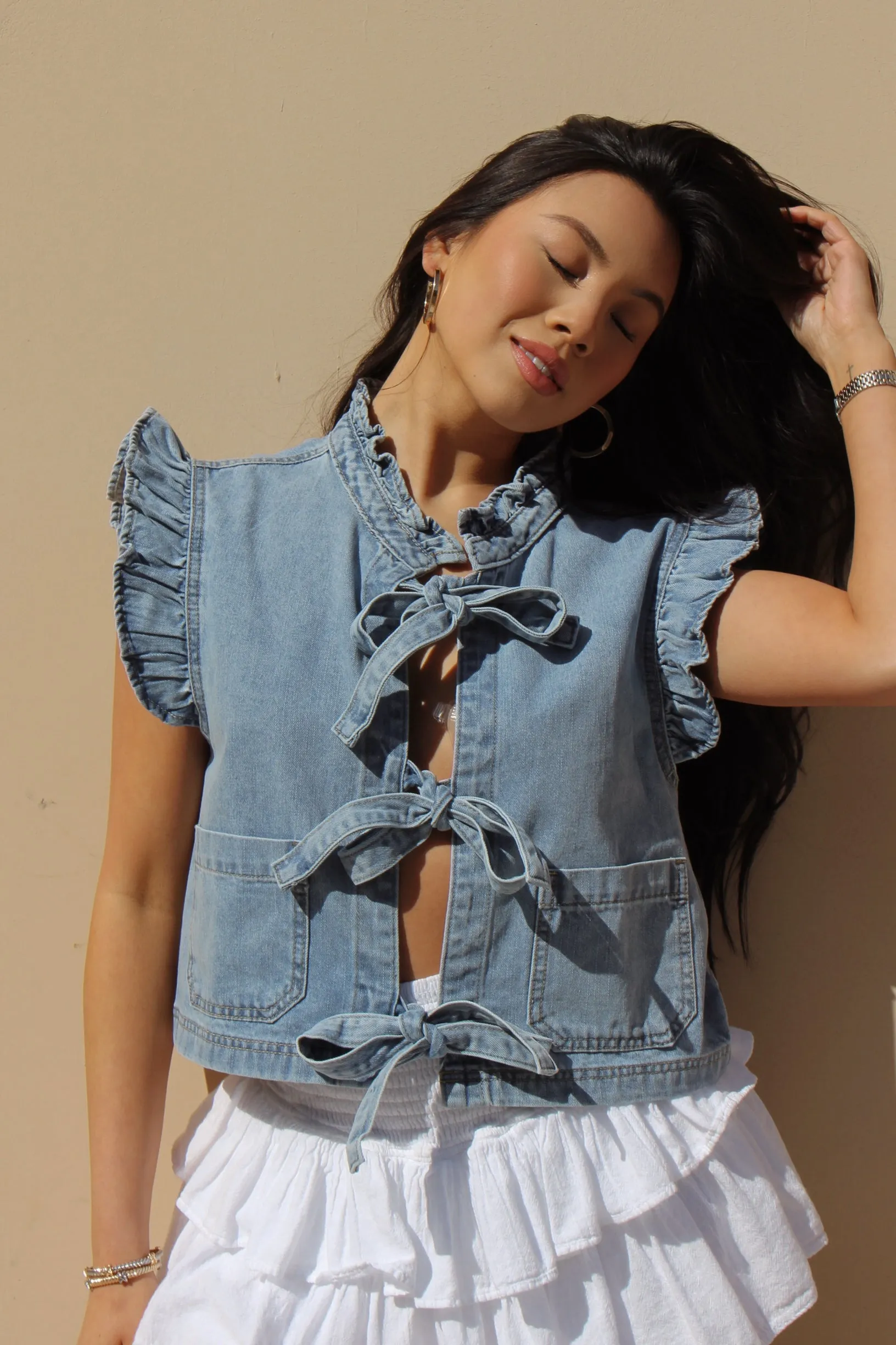 Everly Denim Tie Top sold by LANE 201