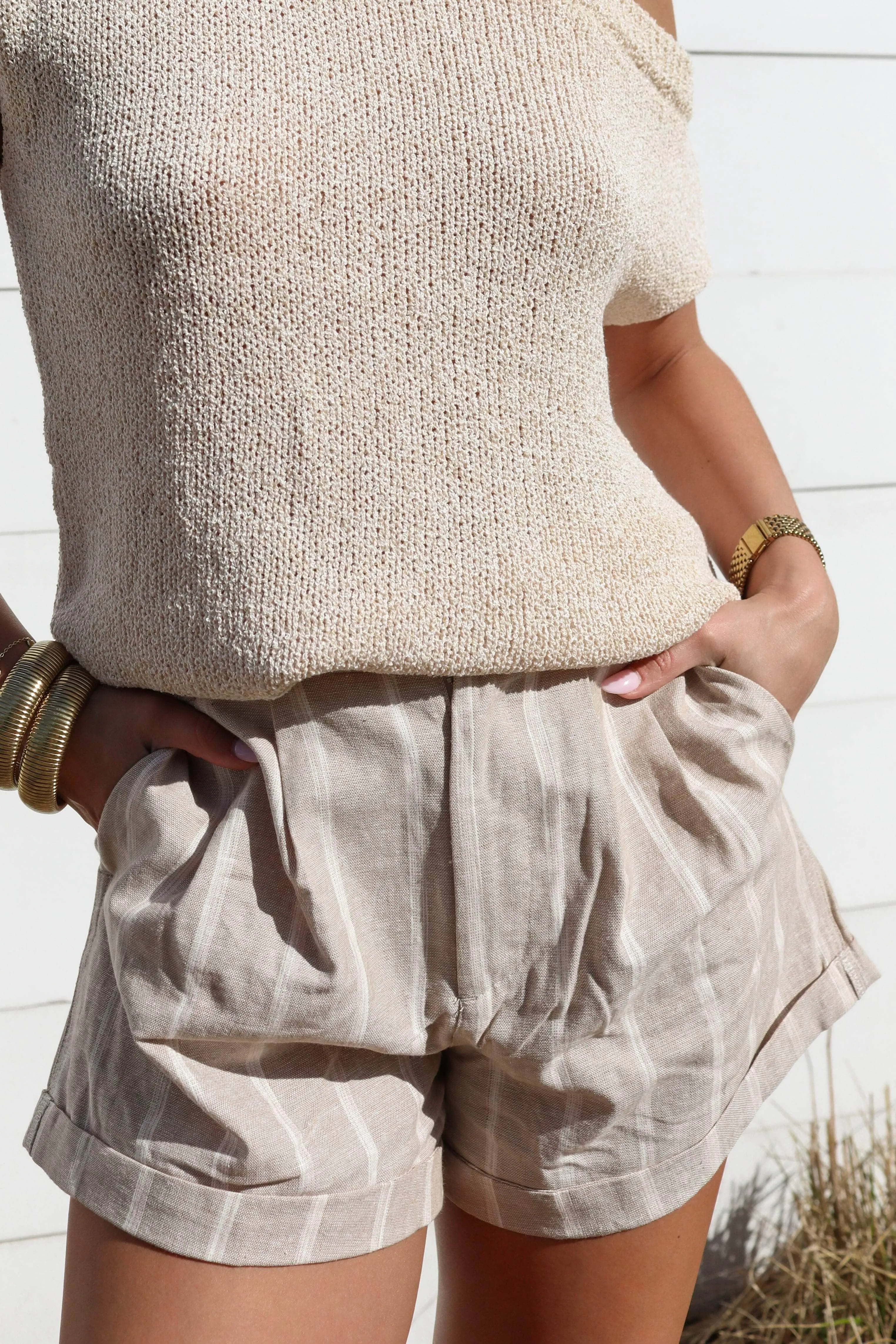 Taupe Striped Linen Shorts sold by LANE 201 product image thumbnail 3
