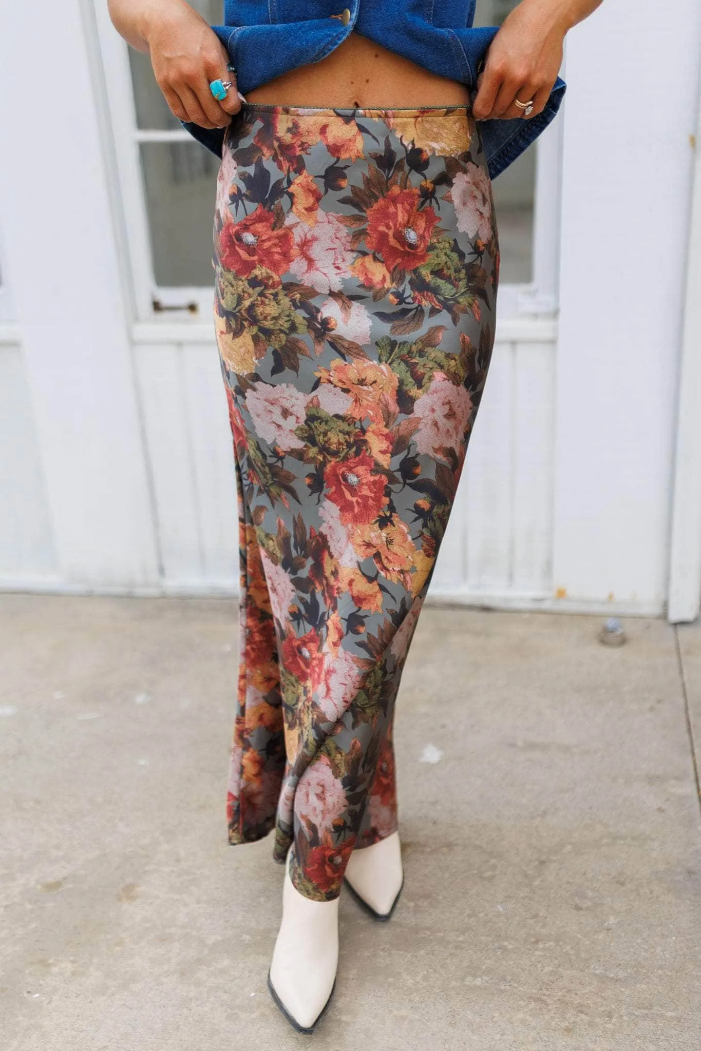 Sage Floral Satin Skirt sold by LANE 201