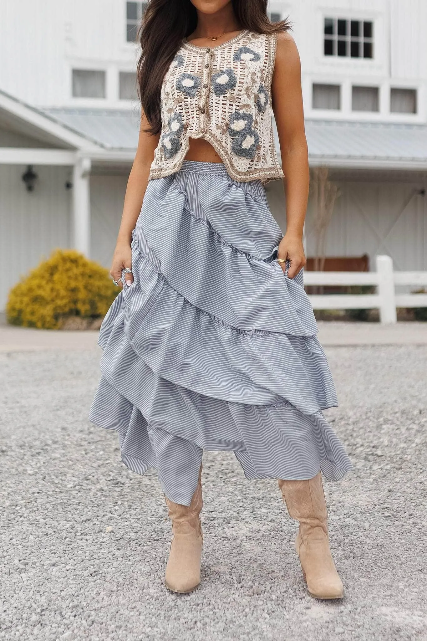 Blue Striped Tiered Skirt sold by LANE 201