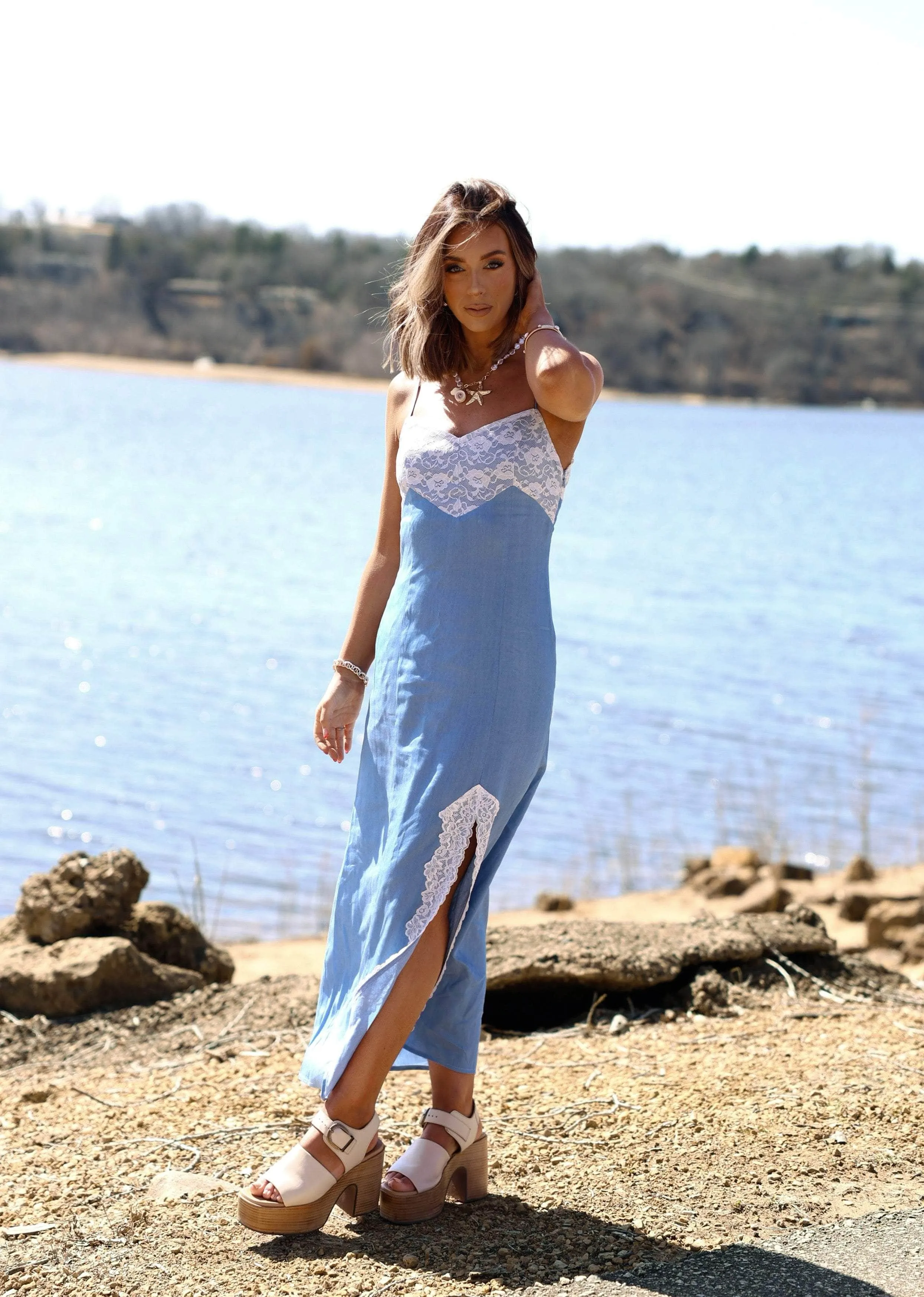 Chambray Lace Midi Dress sold by LANE 201 product image thumbnail 4