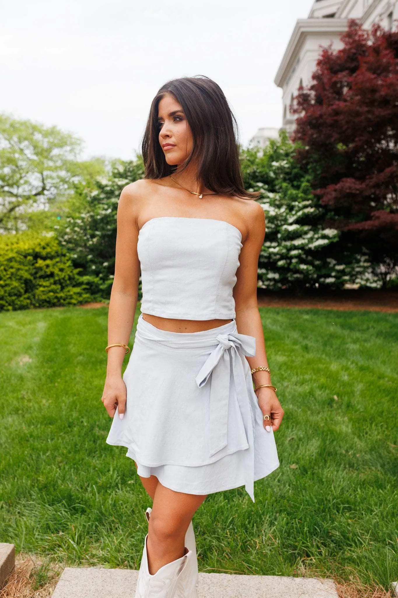 Light Blue Linen Wrap Skirt sold by LANE 201 product image thumbnail 4