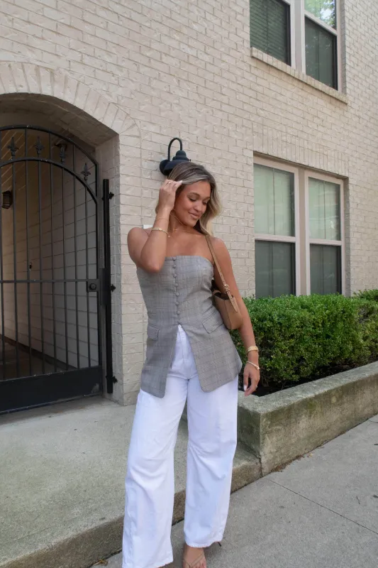 Plaid Strapless Blazer Top sold by LANE 201